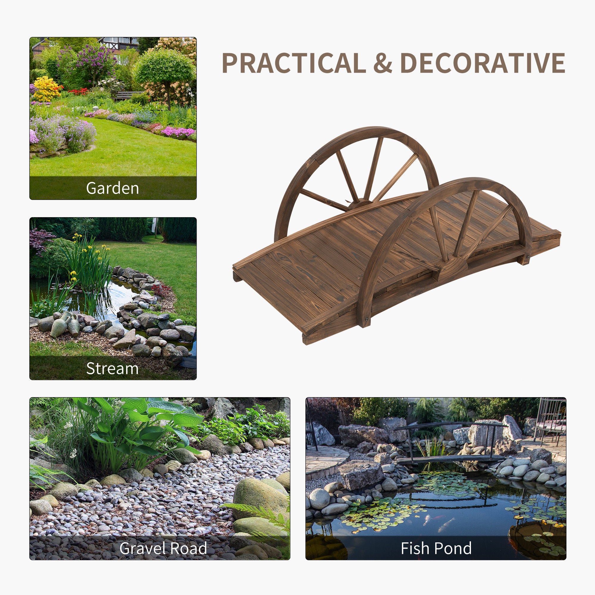 3.3ft Wooden Garden Bridge Arc Stained Finish Walkway with Half Wheeled Railings, Stained Wood Garden Bridges at Gallery Canada