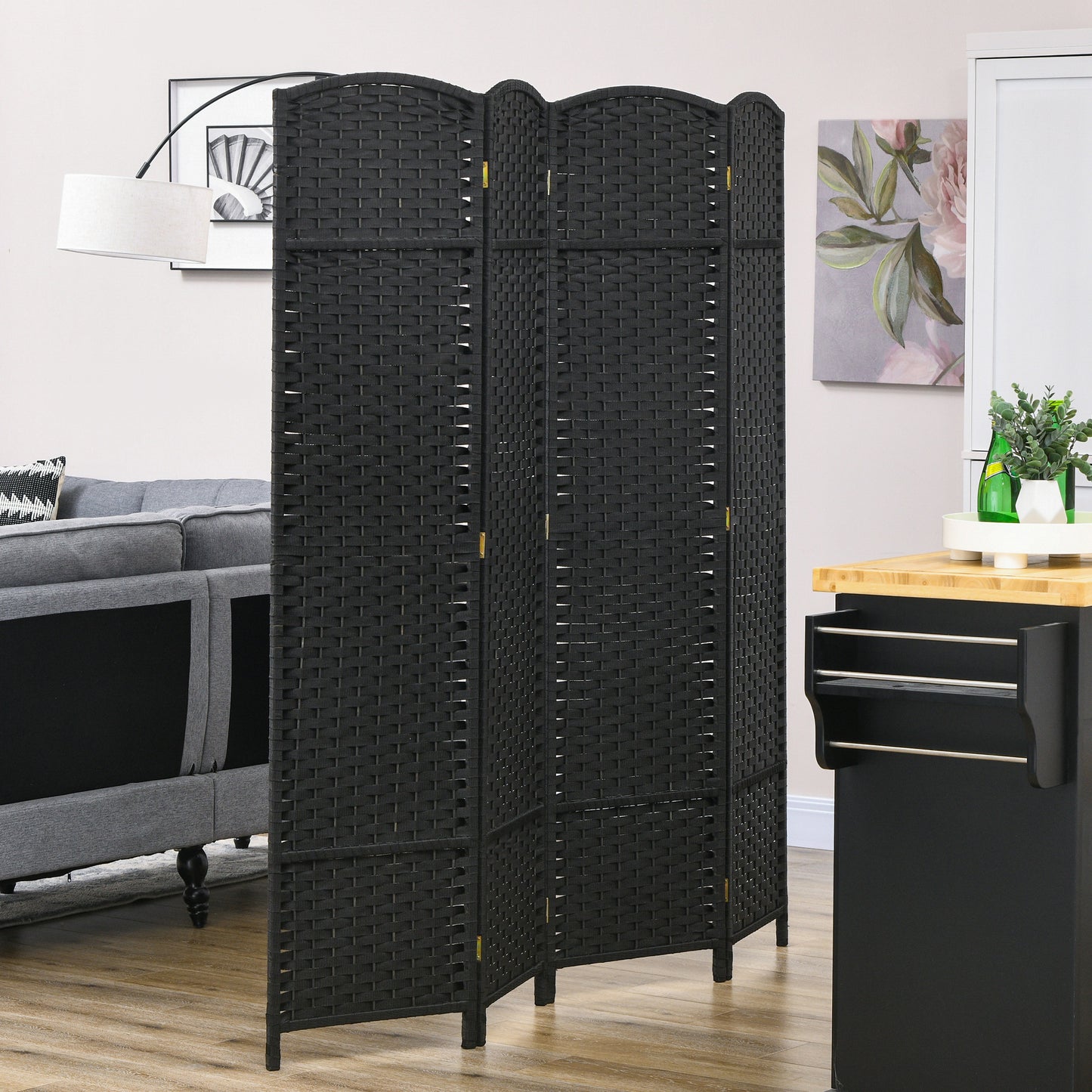 5.6 Ft Tall Folding Room Divider, 4 Panel Portable Privacy Screen, Hand-Woven Partition Wall Divider, Black Room Dividers Black  at Gallery Canada