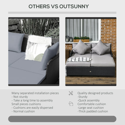 Patio Rattan Double Lounge Daybed, Outdoor Wicker Armrests Chaise Lounge for 2-Person with Cushion &; Pillow, Grey Daybeds   at Gallery Canada