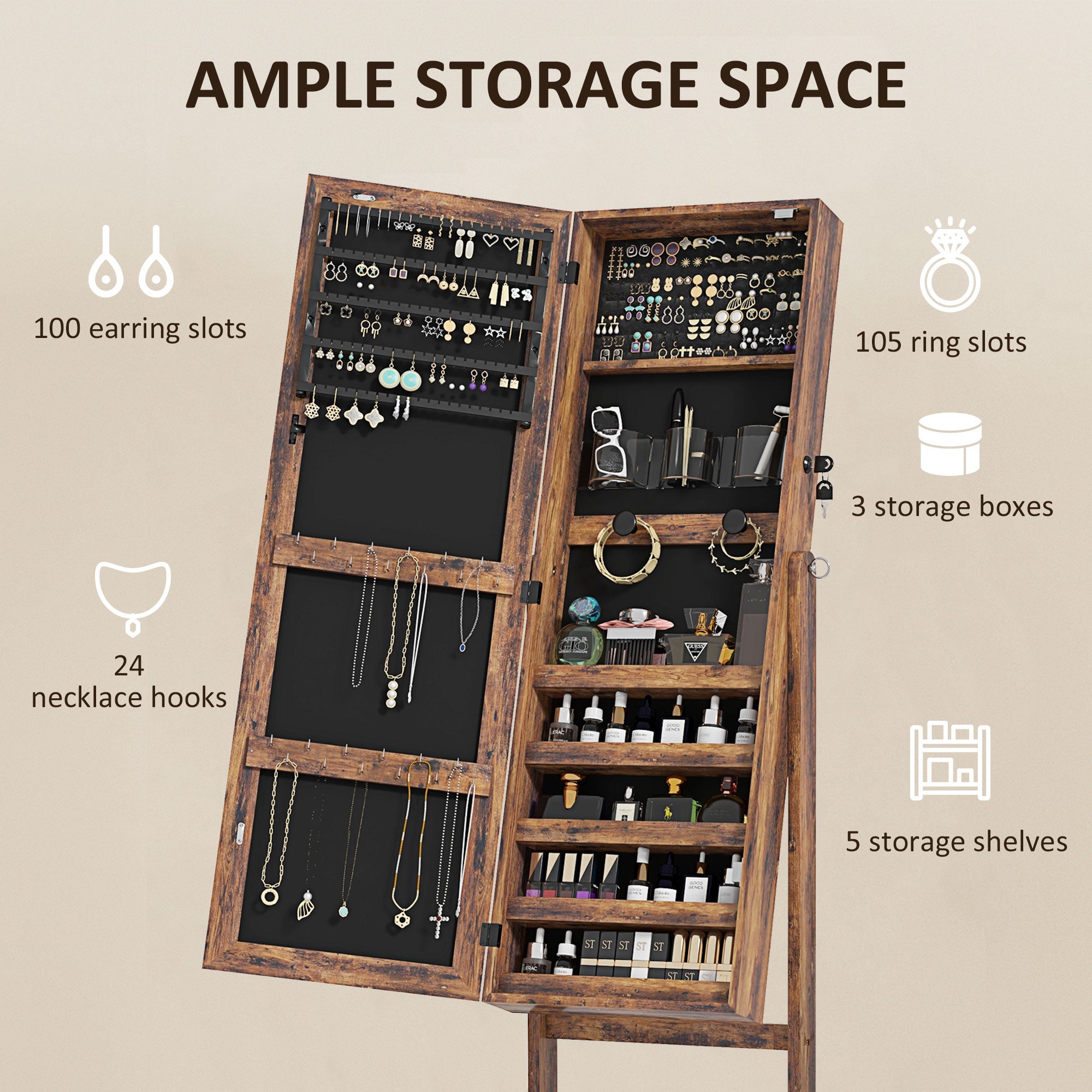Lockable Jewelry Armoire with LED Light, Standing Mirror with Storage for Bedroom Dressing Room, Rustic Brown Jewelry Armoire & Jewellery Mirror Cabinets at Gallery Canada