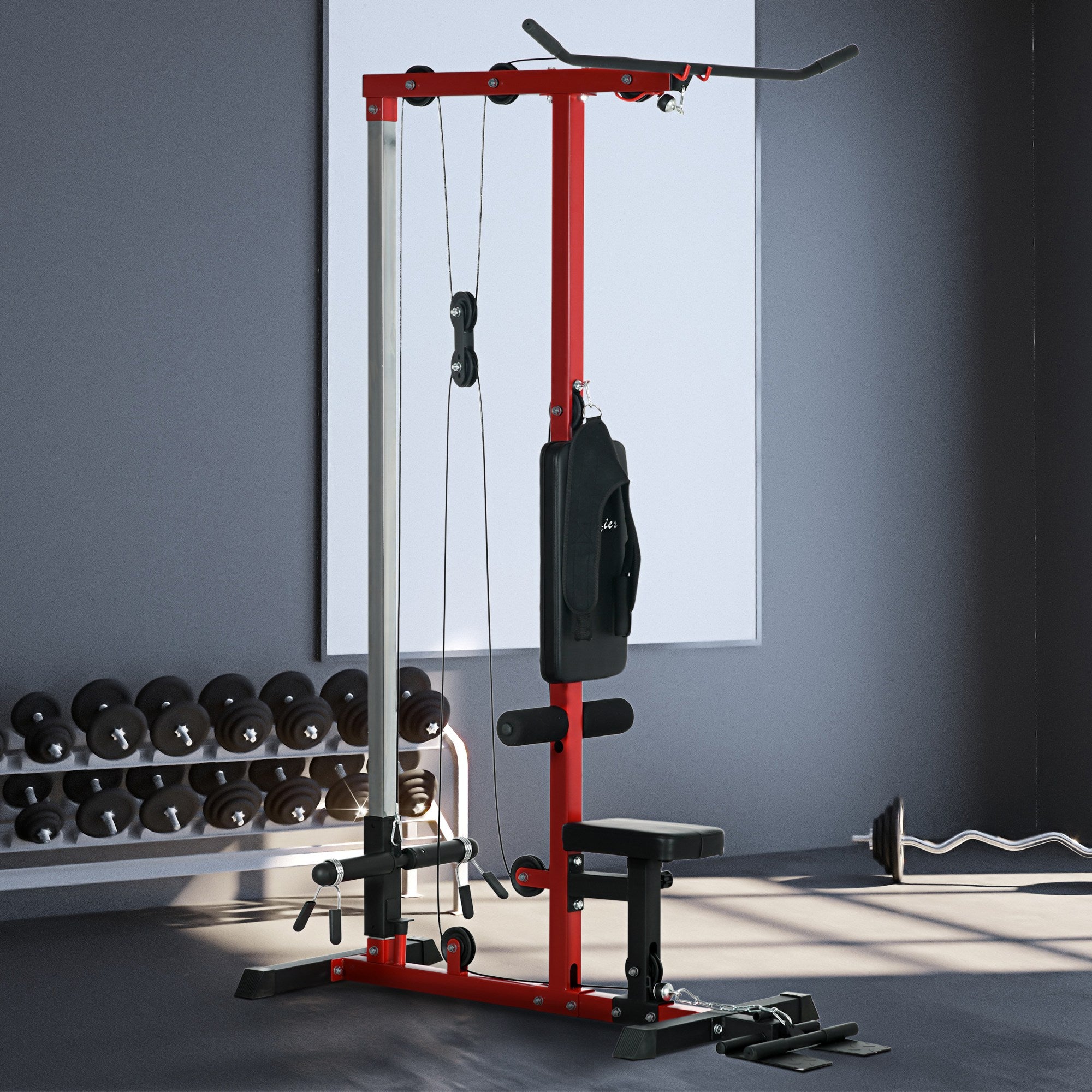 Lat Pull Down Machine, High / Low Pulley Machine with Adjustable Seat and Flip-Up Footplate, Red Power Towers   at Gallery Canada