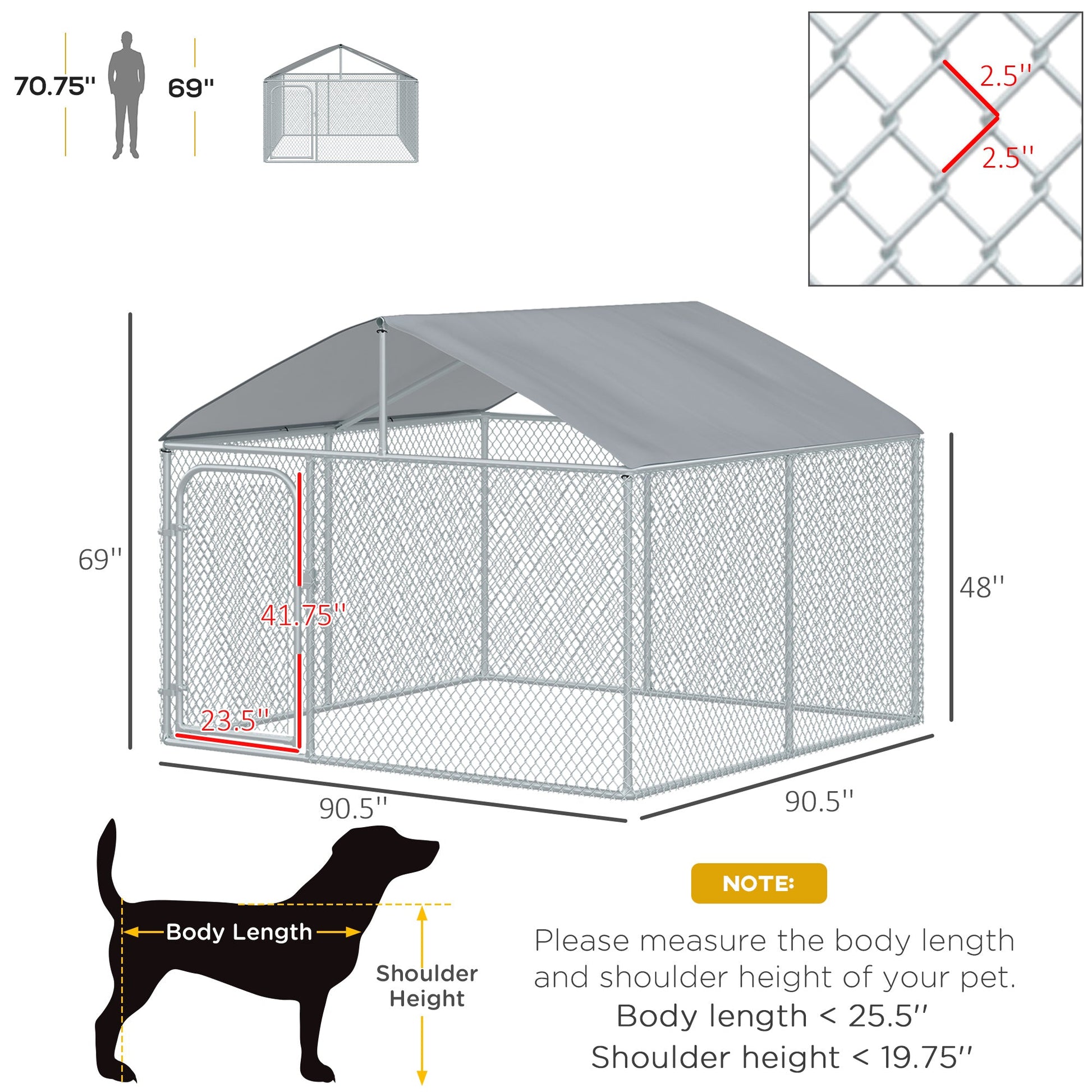 Dog Kennel Outdoor Run Fence with Roof, Steel Lock, Mesh Sidewalls for Backyard &; Patio, 7.5' x 7.5' x 5.7' Houses, Kennels & Pens   at Gallery Canada