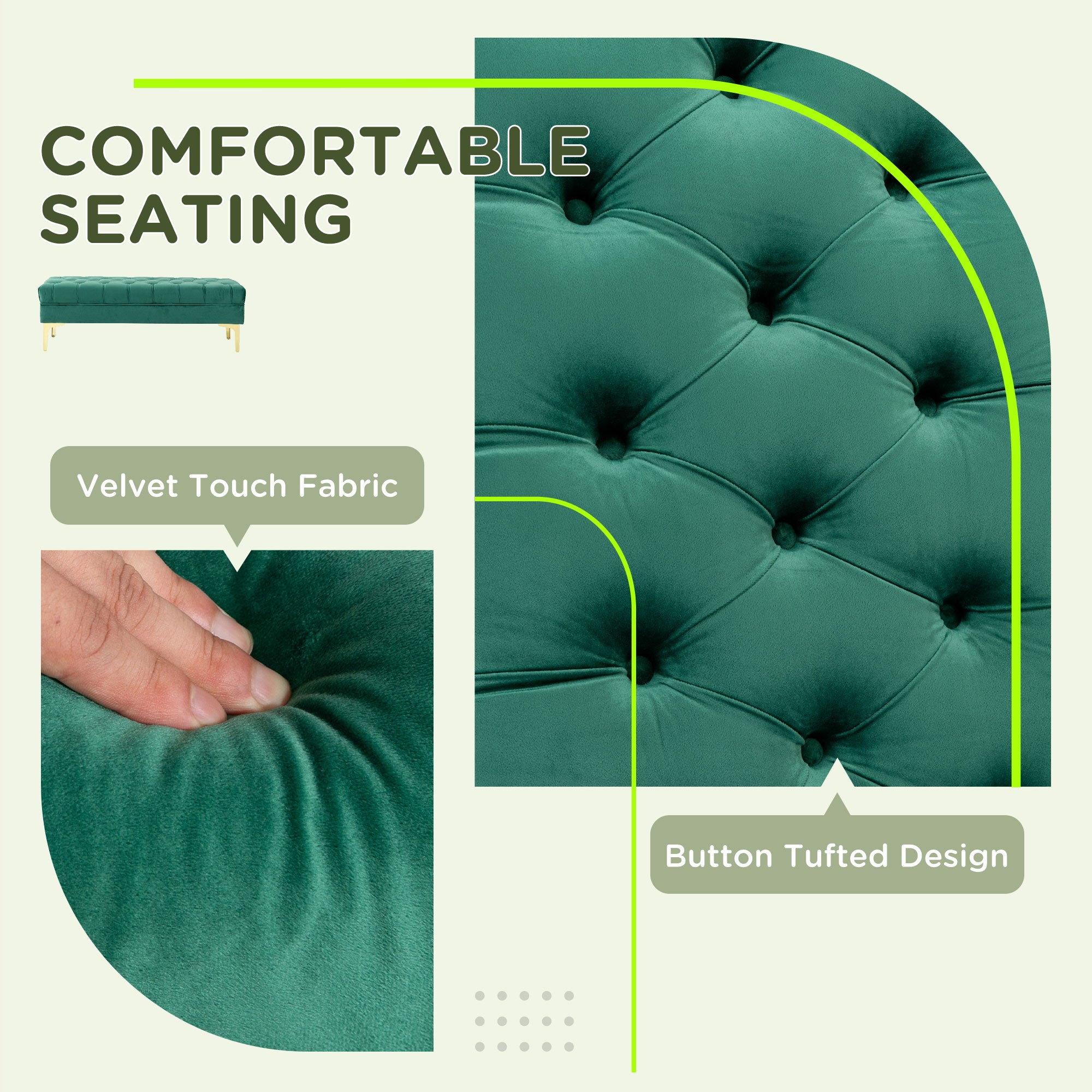 End of Bed Bench, Upholstered Bench, Entryway Shoe Bench with Button Tufted for Living Room, Bedroom, Dark Green Storage Ottomans & Benches at Gallery Canada