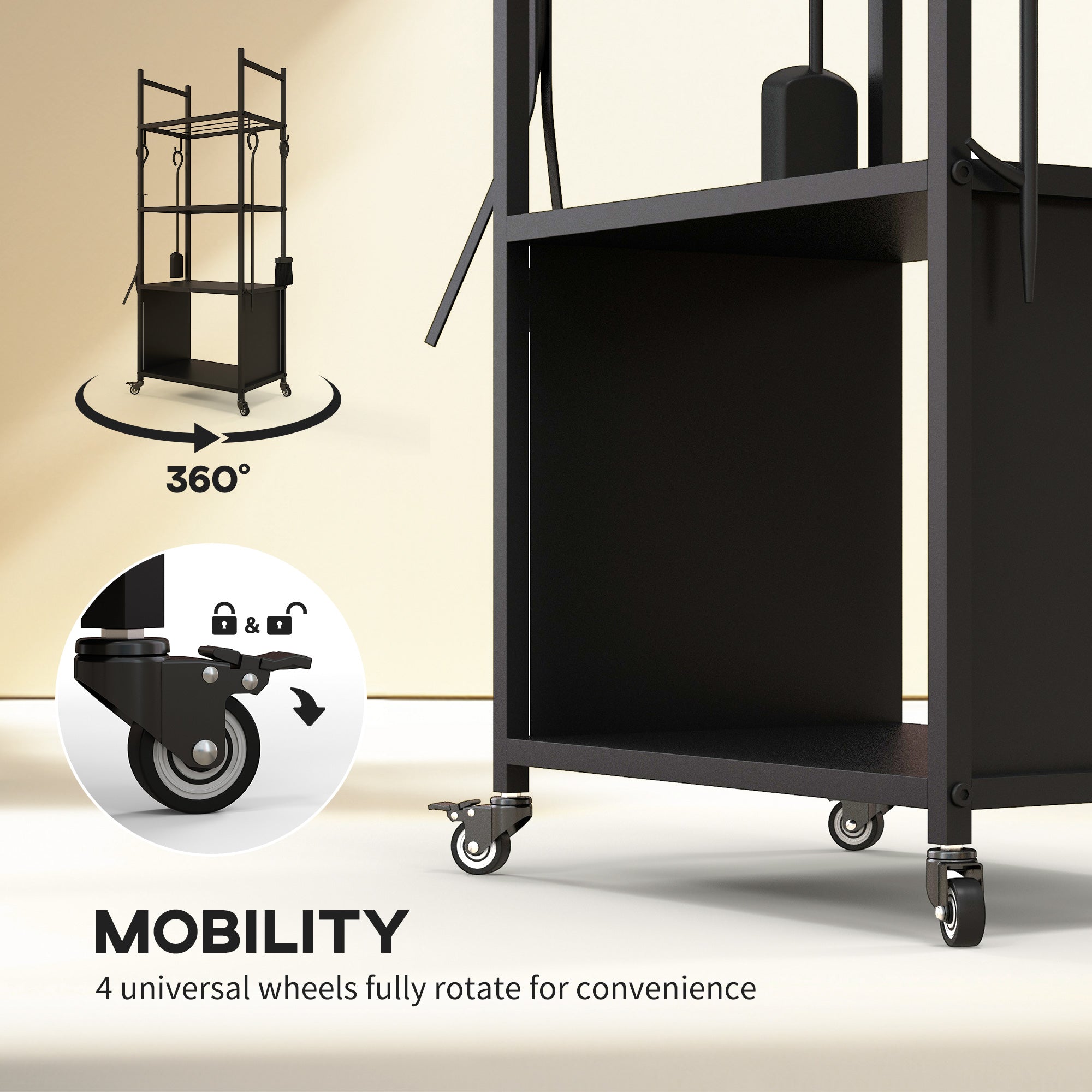 4-Tier Outdoor Indoor Firewood Rack with Wheels and 4 Tools, Powder-Coated Steel Wood Storage Rack Log Holder Firewood Racks at Gallery Canada