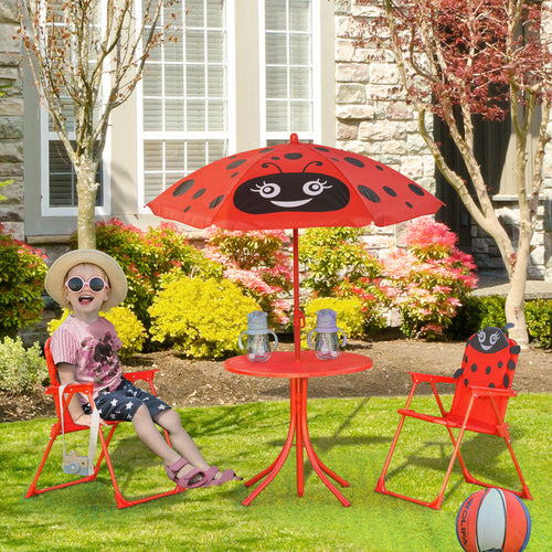 Kids Folding Picnic Table and Chair Set Pattern Outdoor Garden Patio Backyard with Removable &; Height Adjustable Sun Umbrella Red