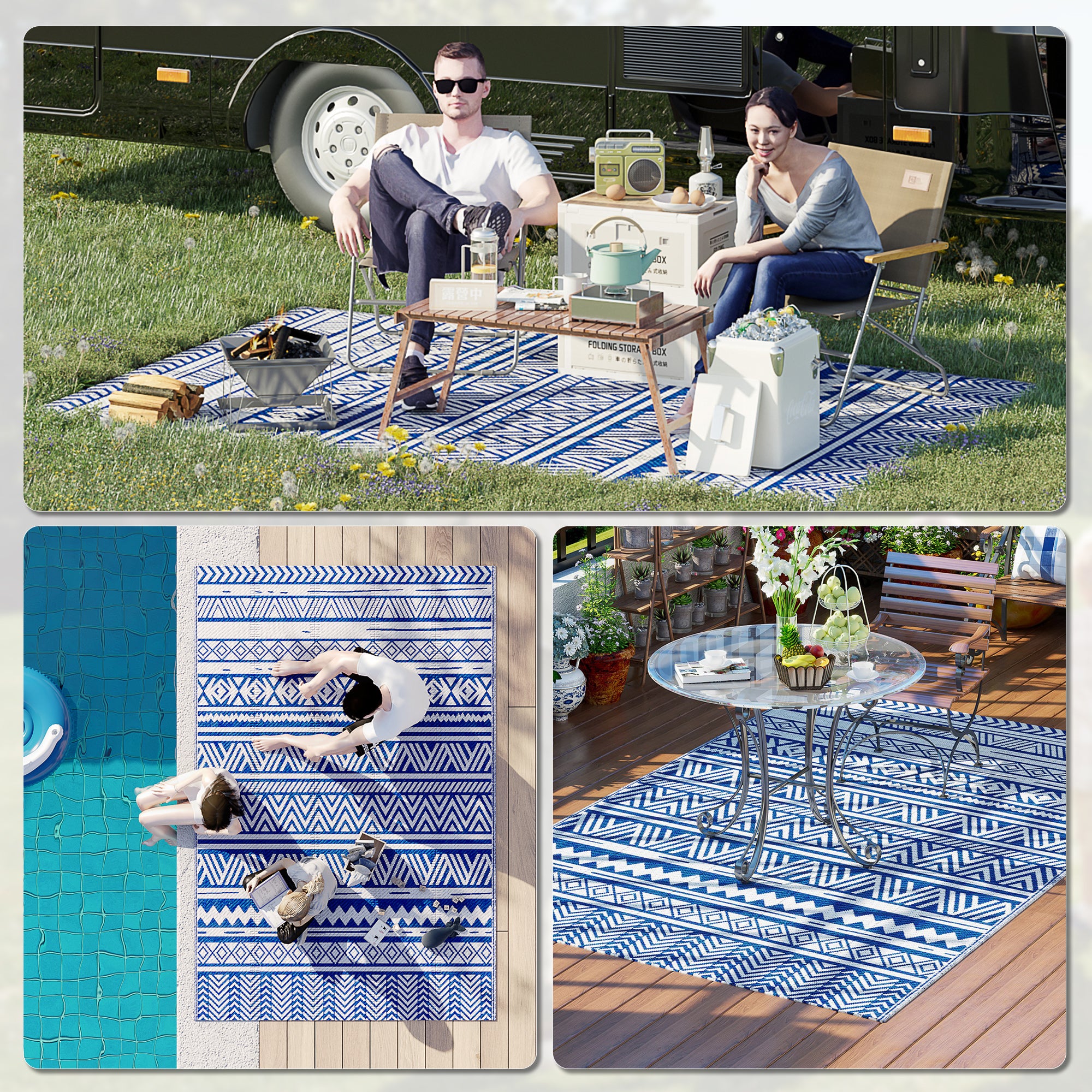 Reversible Outdoor Rug, Patio Floor Mat, 6' x 9' Plastic Rug for Backyard, Deck, Beach, Camping, Dark Blue and White Garden Decor at Gallery Canada