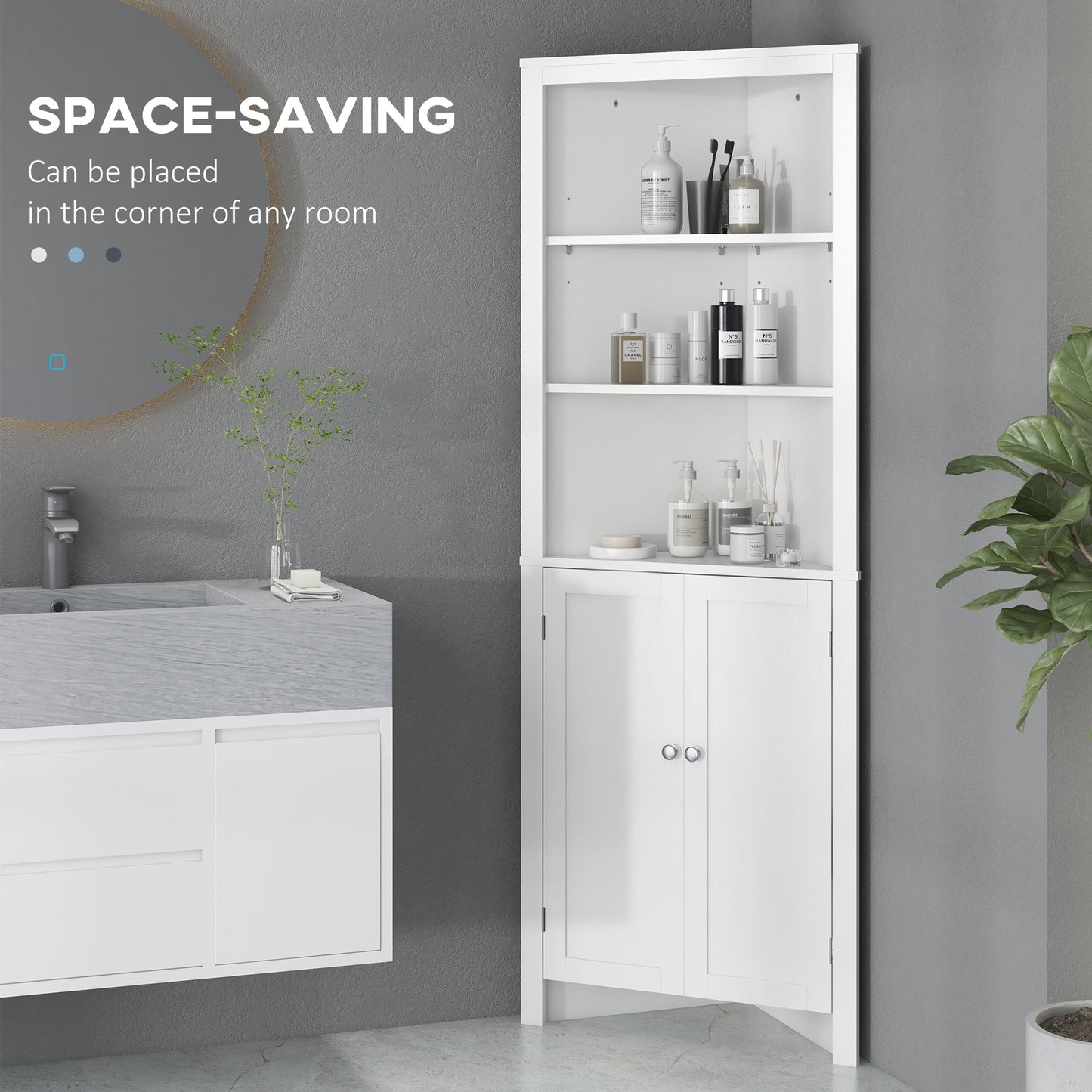 Tall Bathroom Storage Cabinet, Corner Cabinet with Doors, Linen Cabinet with Doors and 3-Tier Shelves, White Bathroom Cabinets   at Gallery Canada