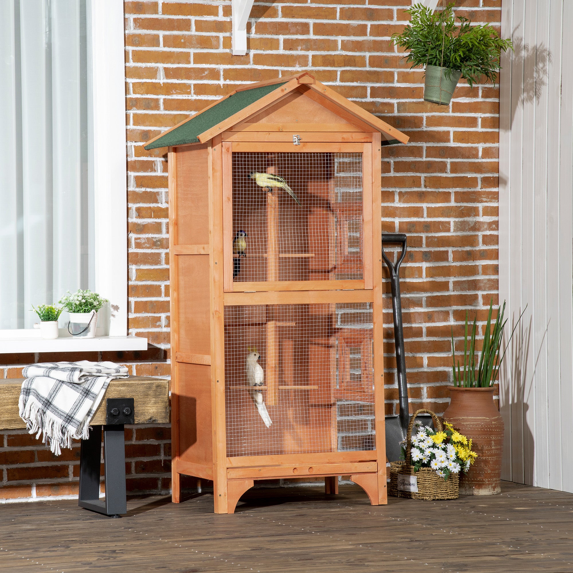 Wooden Bird Aviary Parrot Cage Pet Furniture with Removable Bottom Tray, 2 Doors, Asphalt Roof, 4 Perches, Orange Bird Cages   at Gallery Canada