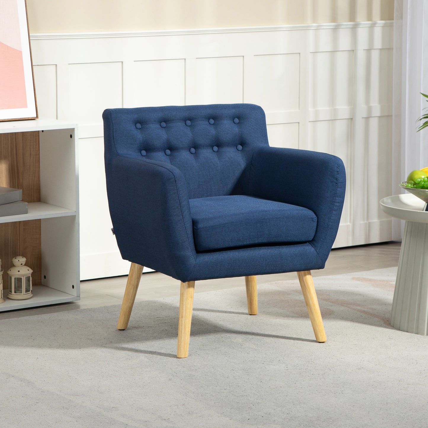 Linen Upholstery Armchair, Mid-Century Modern Accent Chair with Wood Frame and Thick Padding, Blue Accent Chairs Multi Colour  at Gallery Canada