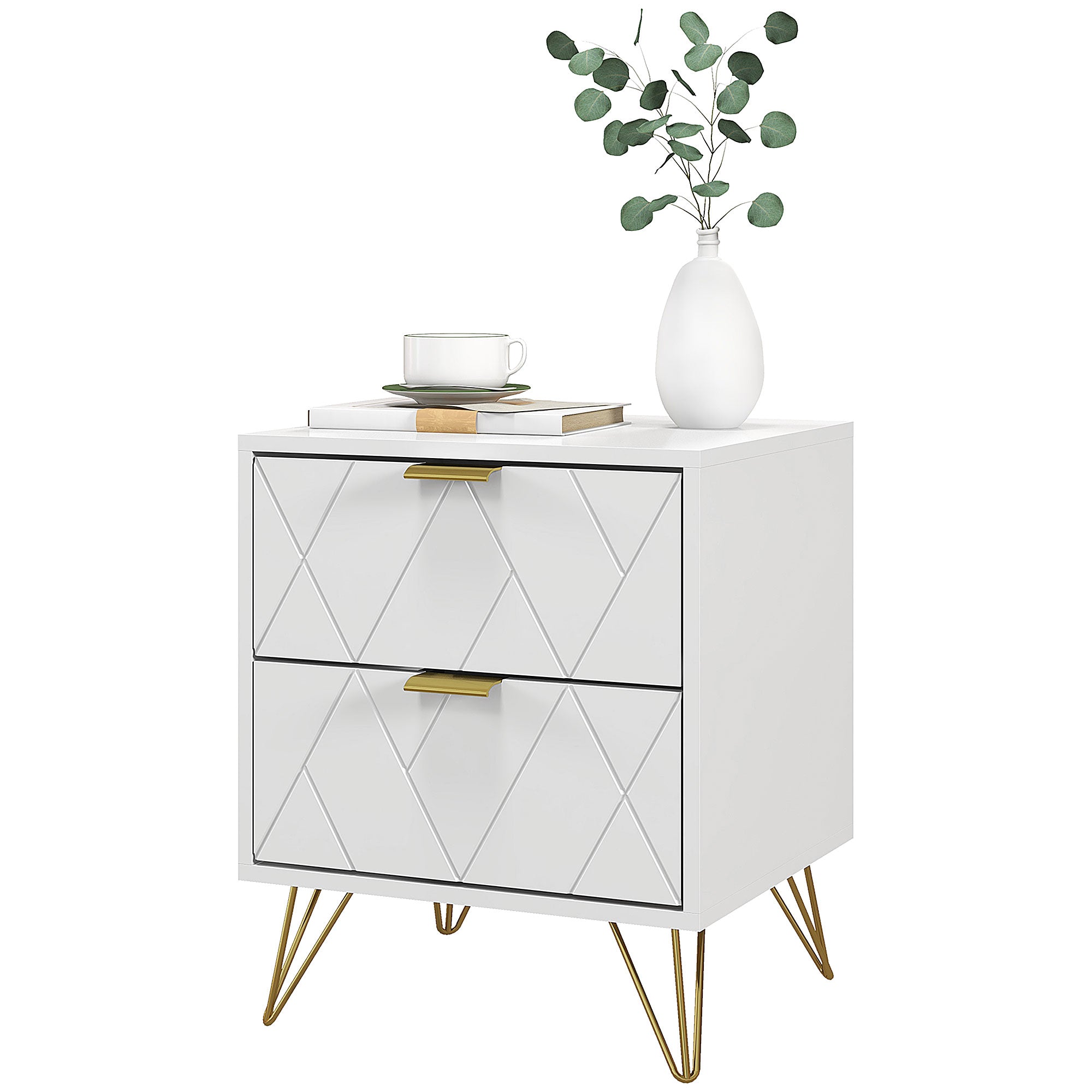 Modern Bedside Table, Accent Nightstand with 2 Drawers, Bed End Table for Bedroom, Living Room, White Bedside Tables   at Gallery Canada