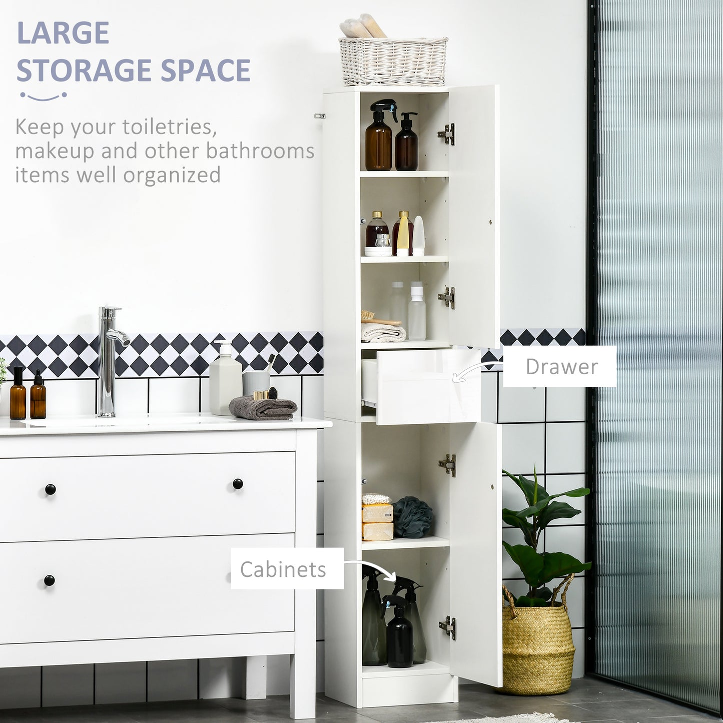 Tall Bathroom Cabinet, Narrow Bathroom Storage Cabinet with Doors, Drawer and Adjustable Shelves, High Gloss White Bathroom Cabinets   at Gallery Canada