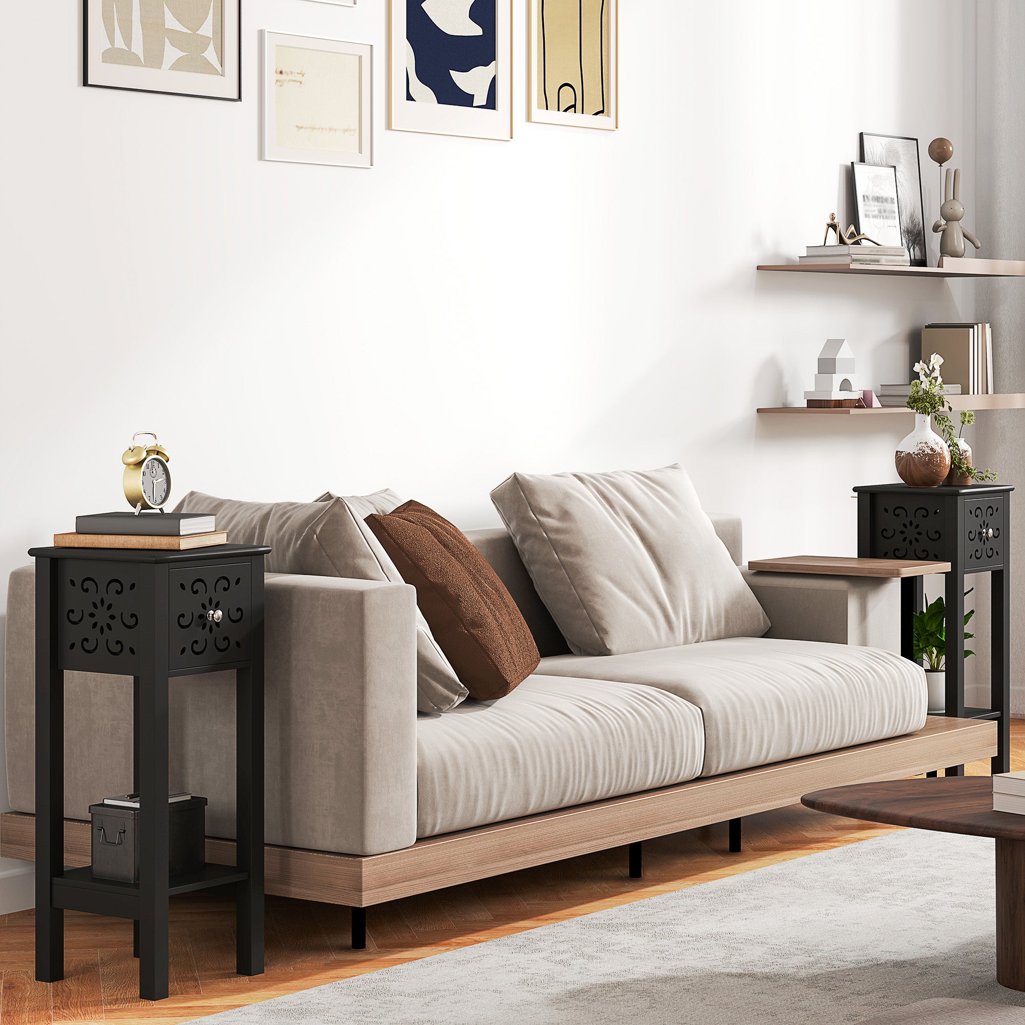 Nightstand Set of 2 with Drawer and Open Storage Shelf Black Side Tables at Gallery Canada