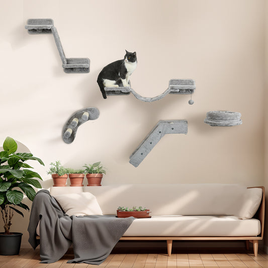 5PCs Cat Wall Shelves with Scratching Post, Ladder, Cat Bed, Jumping Platform, Perches, Toy Ball, Step Cat Climbing Wall   at Gallery Canada