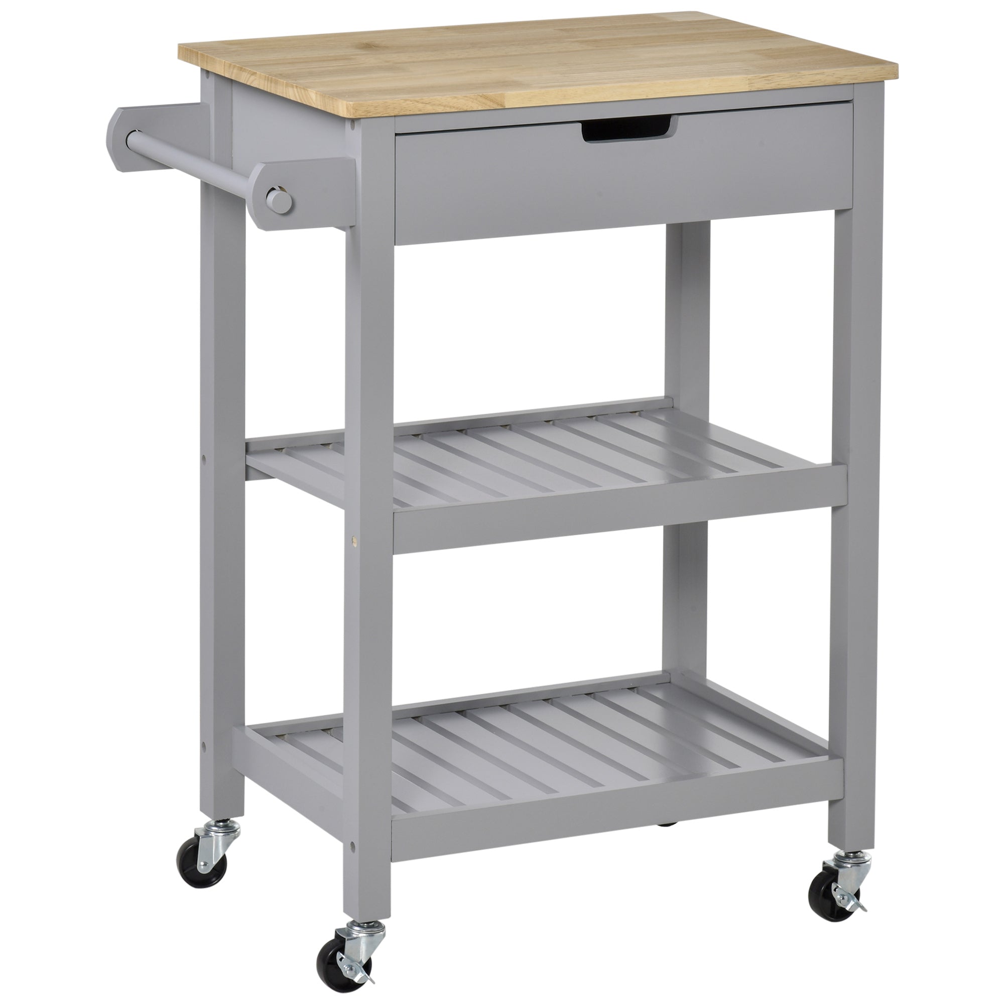 Rolling Kitchen Cart, Utility Storage Cart with Drawer, 2 Slatted Shelves and Towel Rack for Dining Room, Grey Kitchen Islands & Kitchen Carts Grey  at Gallery Canada