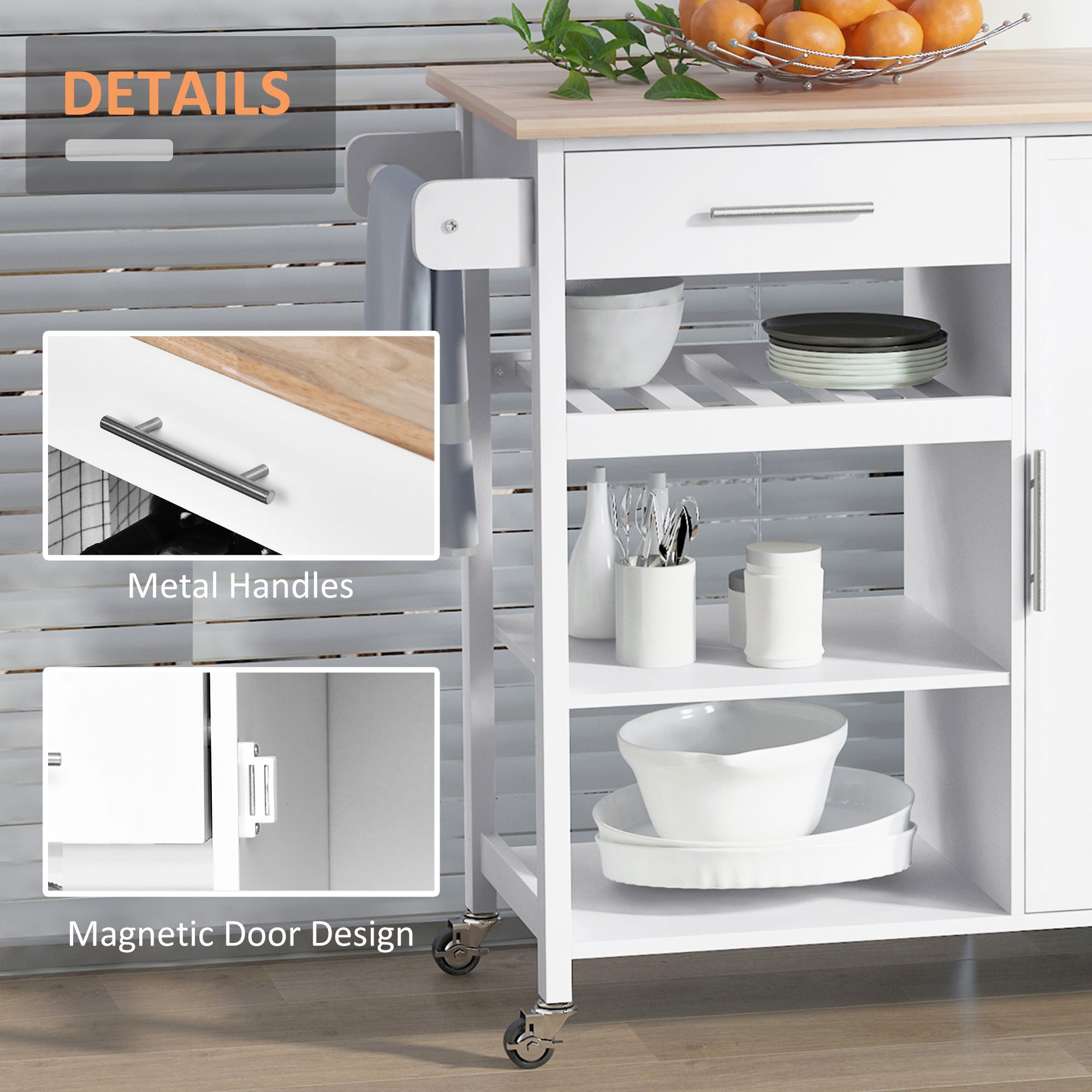 4-Tier Rolling Kitchen Island Utility Trolley Serving Cart Kitchen Storage Cart w/ Towel Rack, Butcher Block Countertop, Cabinet, Drawer, Shelves, White Kitchen Islands & Kitchen Carts at Gallery Canada