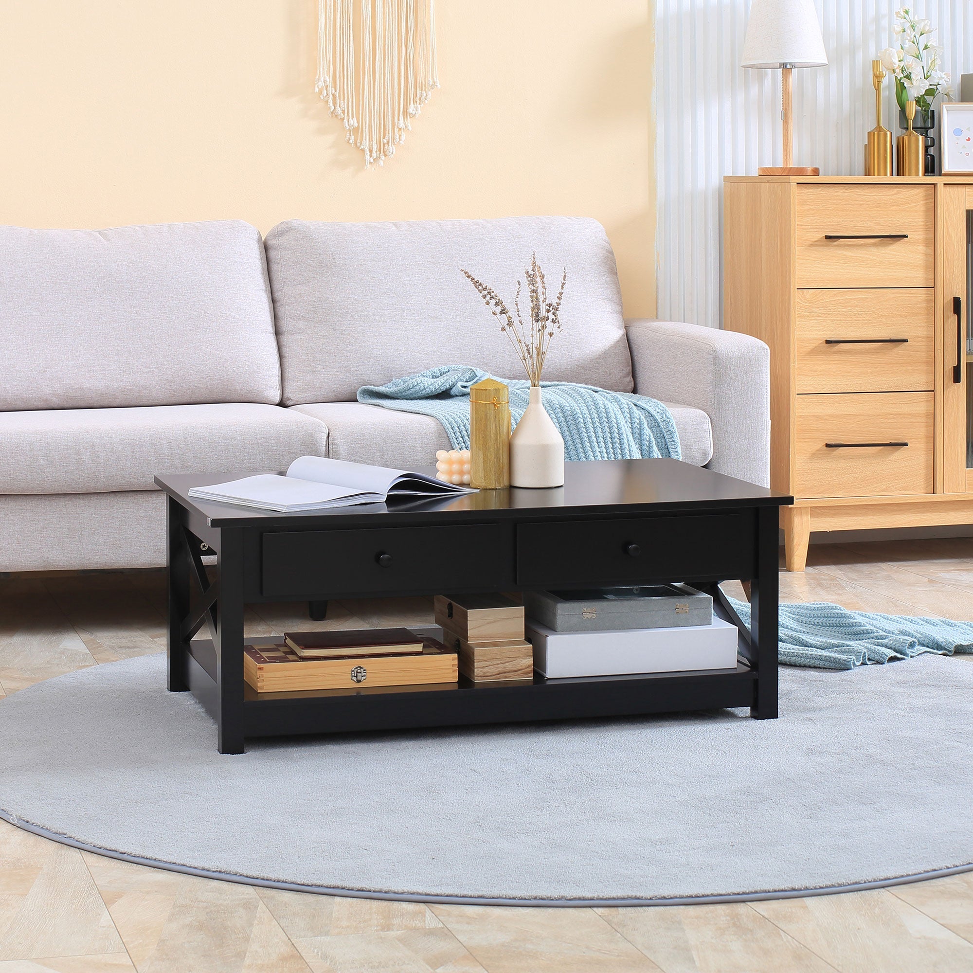 Coffee Table with Storage, Farmhouse Living Room Table with Drawers and Open Shelf, Centre Table with X-frames, Black Coffee Tables   at Gallery Canada