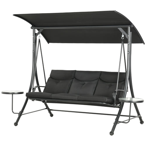 3 Seat Outdoor Swing Chair Steel Swing Bench Porch Swing With Adjustable Canopy &; Coffee Tables &; Cushion for Patio Garden, Black