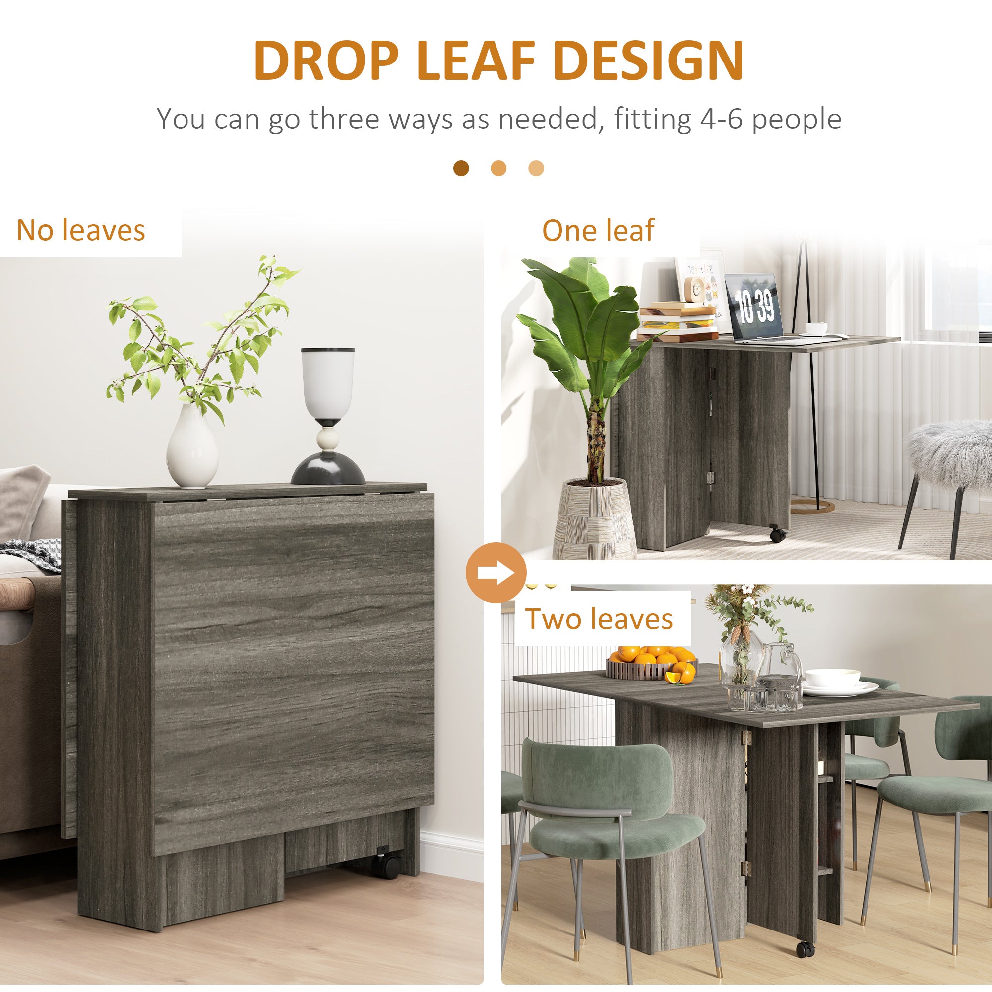 Extendable Dining Table, Collapsible Folding Table w/ 2-tier Shelves and Rolling Casters, Grey Wood Grain Dining Tables at Gallery Canada
