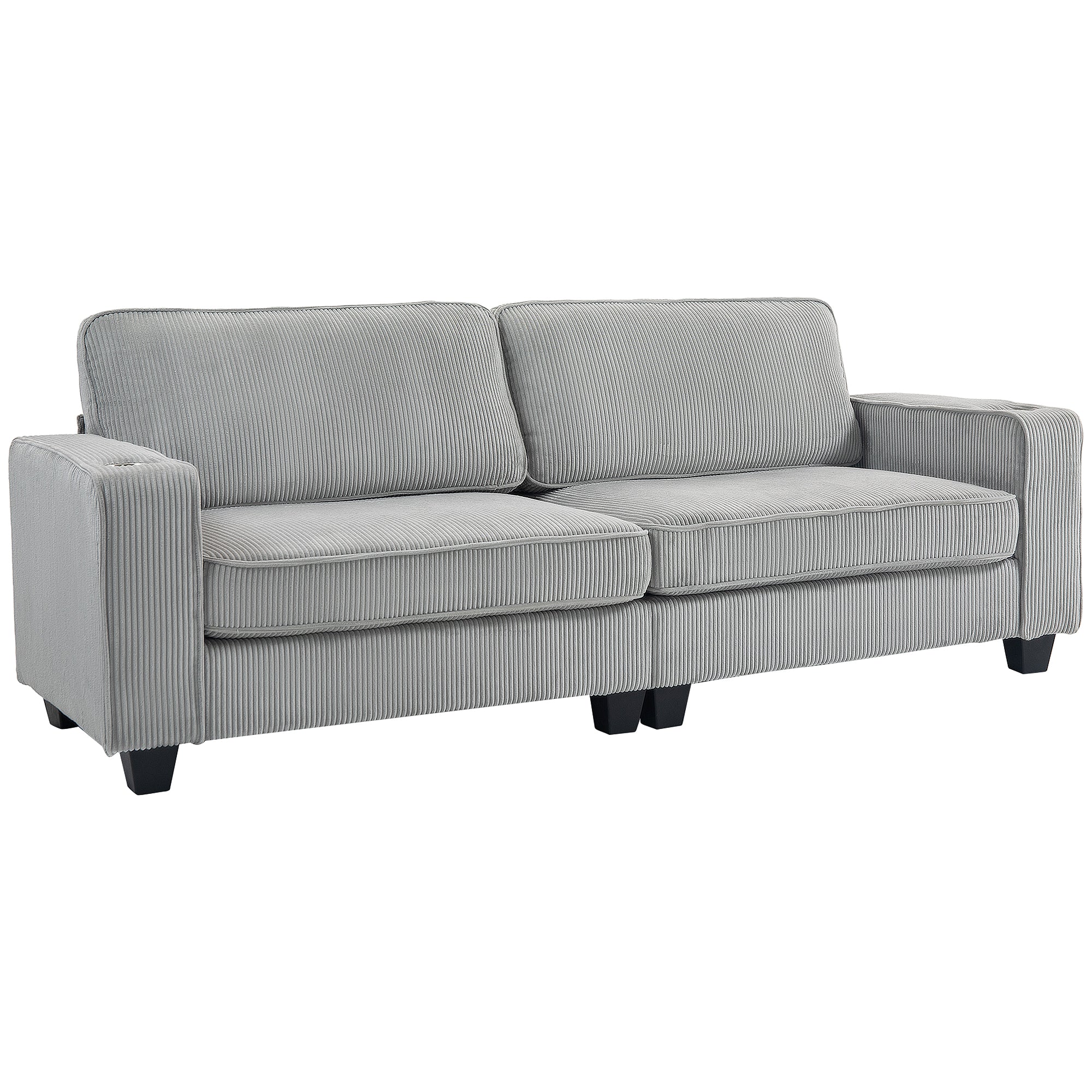 Three Seater Sofa, Fabric 3 Seater Couch with Spring Cushion and Cup Holders for Living Room, Bedroom, Light Grey 3-Seater Sofas   at Gallery Canada