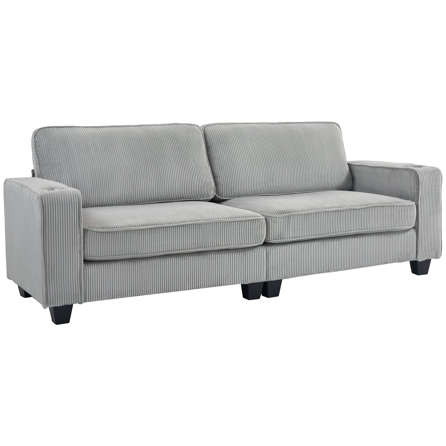 Three Seater Sofa, Fabric 3 Seater Couch with Spring Cushion and Cup Holders for Living Room, Bedroom, Light Grey 3-Seater Sofas   at Gallery Canada