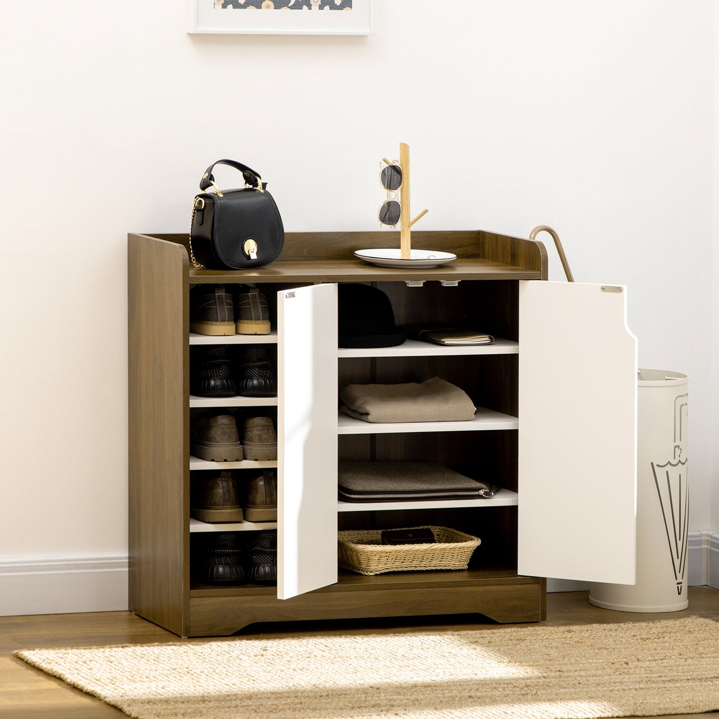 Shoe Storage with Double Doors and Open Shelves 13 Pair Shoe Storage Organizer for Entryway Hallway Brown and White Shoe Storage Cabinets & Racks   at Gallery Canada