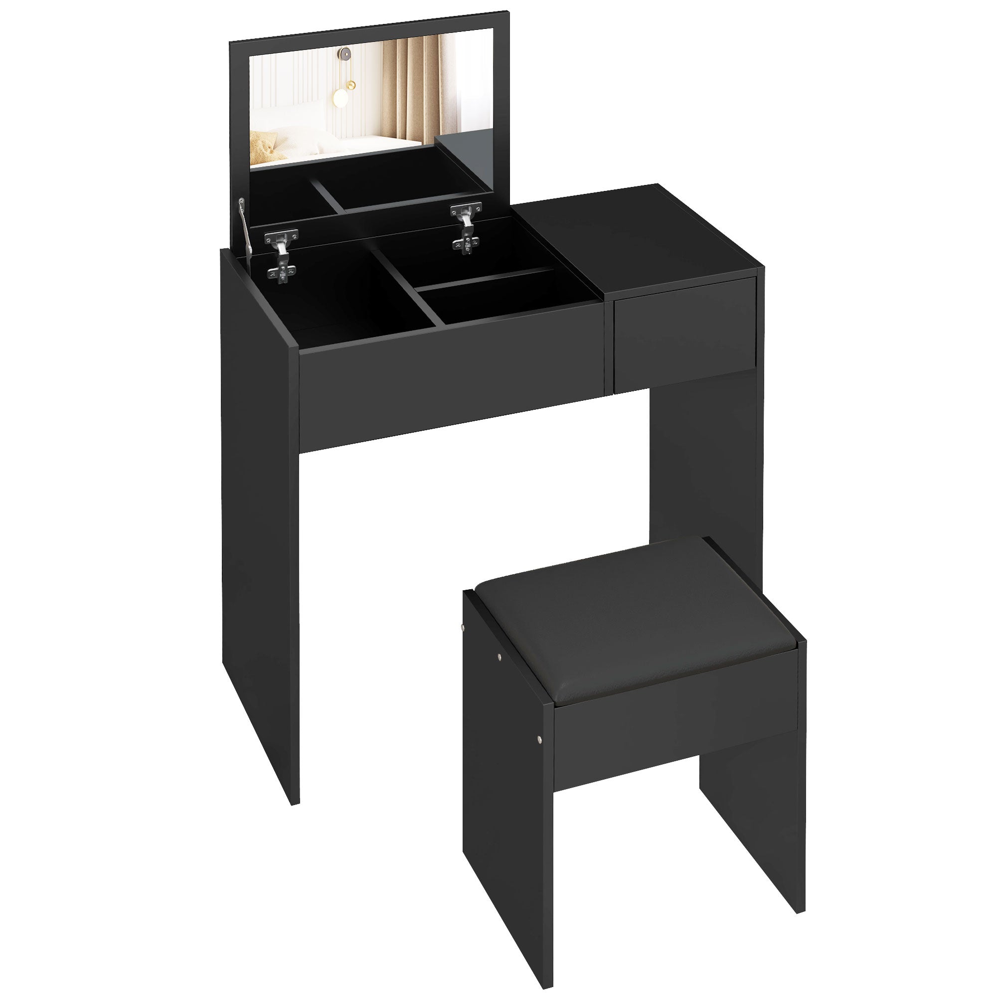 Modern Vanity Set with Flip Top Mirror and Cushioned Stool, Dressing Table with Storage Drawer for Bedroom, Black Dressing & Vanity Tables   at Gallery Canada