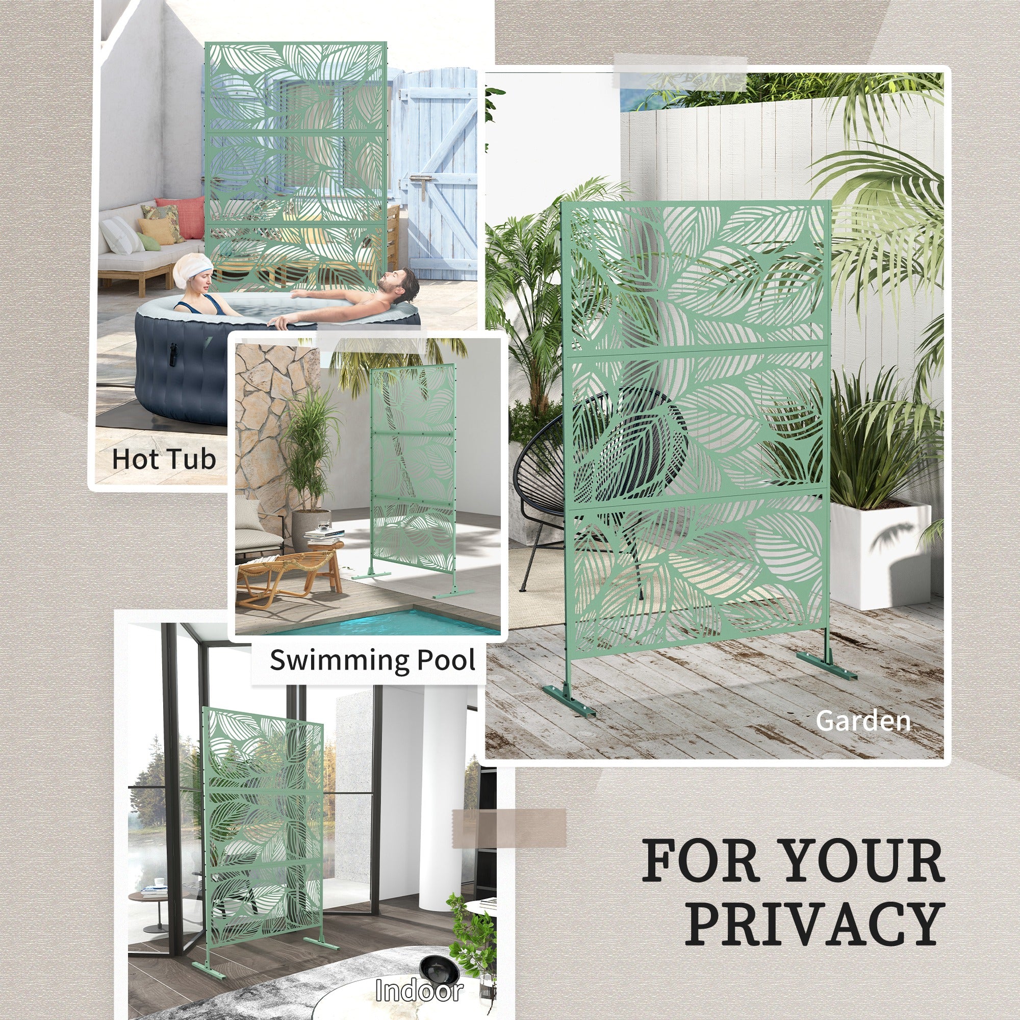 6.5FT Decorative Outdoor Divider, Metal Privacy Screen with Stand, Leaf Style, Light Green Side Awnings at Gallery Canada