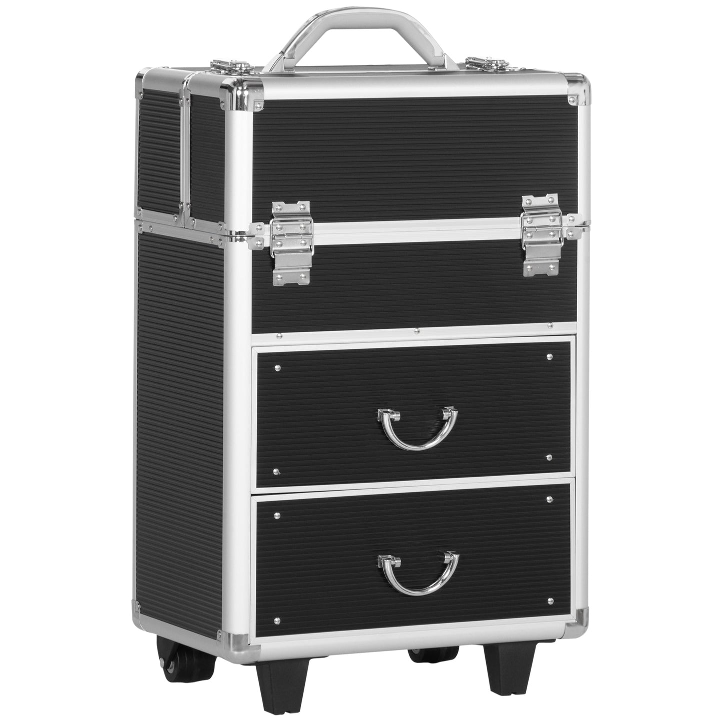 Rolling Makeup Train Case, Large Storage Cosmetic Trolley, Lockable Traveling Cart Trunk with Folding Trays, Swivel Wheels and Keys, Black Makeup Cases   at Gallery Canada