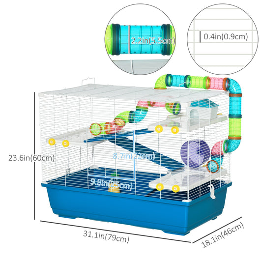 31" Large Hamster Cage, Small Animal House, Multi-storey Gerbil Haven, Tunnel Tube System, with Water Bottle, Exercise Wheel, Food Dish, Ramps, Blue Hamster Cages Multi Colour  at Gallery Canada