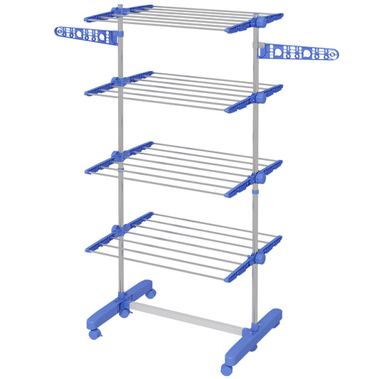 Garment Drying Rack Stainless Steel Folding Clothes Hanging Rack with Side Wings Castors for Indoor Outdoor Blue
