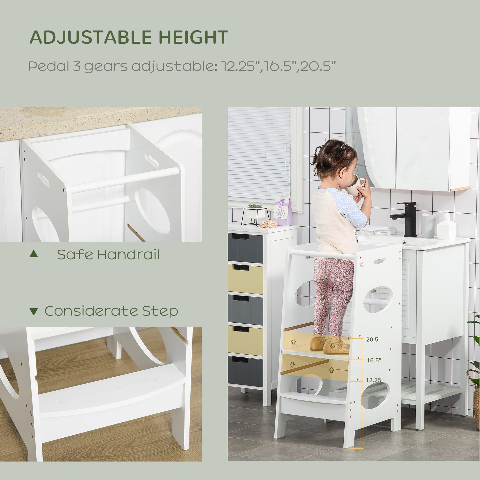 Toddler Tower Kitchen Step Stool with 3-Level Adjustable Height, Kids Step Stool with Safety Rail and Heavy-Duty Structure, White Toddler & Kids Step Stools   at Gallery Canada