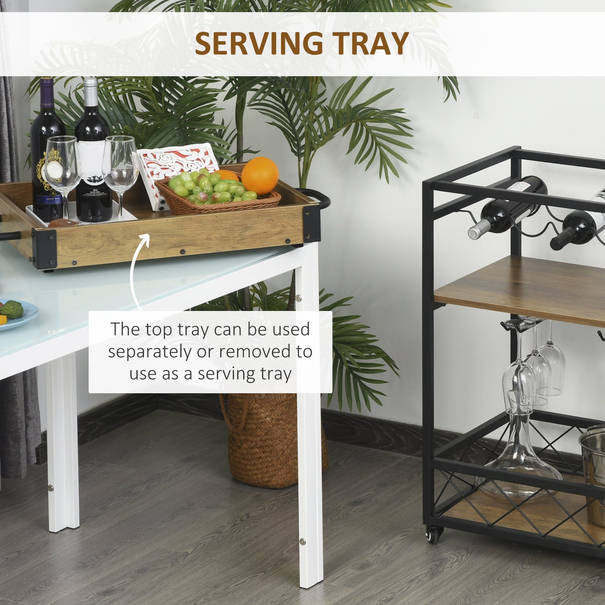 Retro Industrial Bar Serving Cart Rolling Kitchen Island Storage Utility Trolley with 5-bottle Wine Rack &; Serving Tray Kitchen Islands & Kitchen Carts   at Gallery Canada