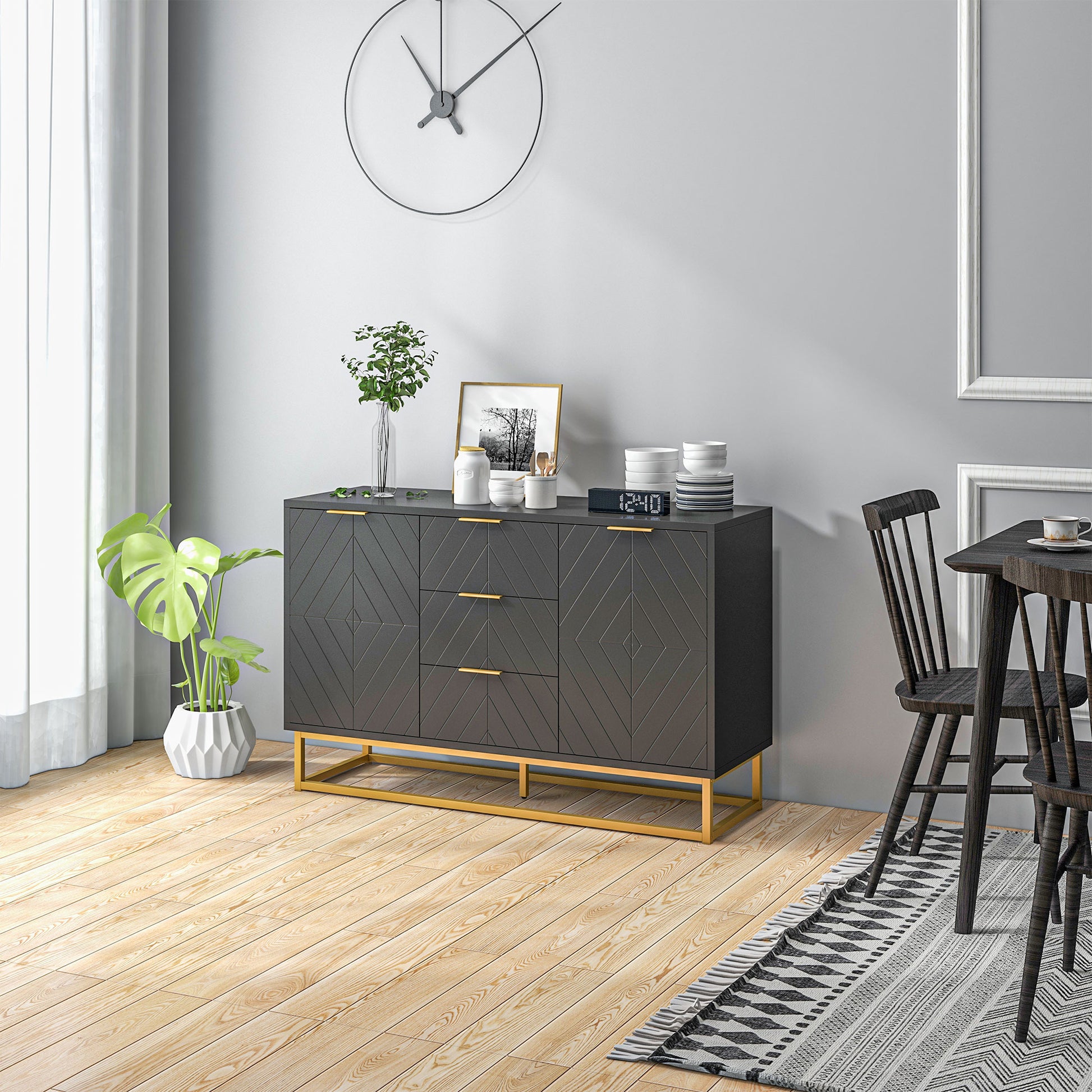 Sideboard Storage Cabinet with 3 Drawers, Adjustable Shelves and Doors, Kitchen Buffet Cabinet for Dining Room, Black Kitchen Pantry Cabinets   at Gallery Canada