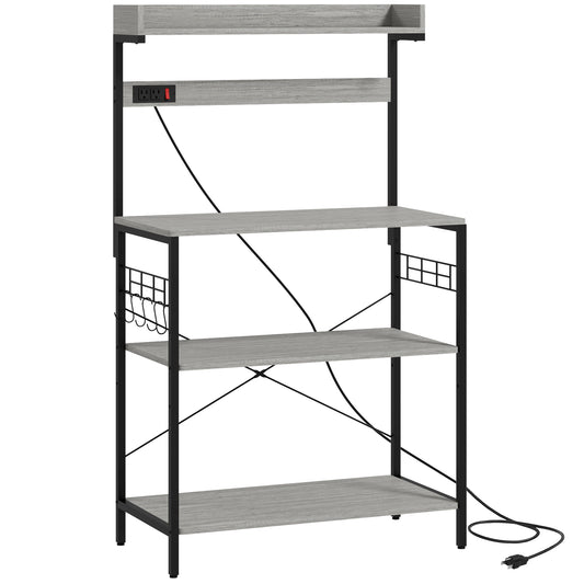 Kitchen Baker's Rack with Power Outlet, Coffee Bar Station with Adjustable Shelves and Hooks, Distressed Grey Bar Cabinets   at Gallery Canada