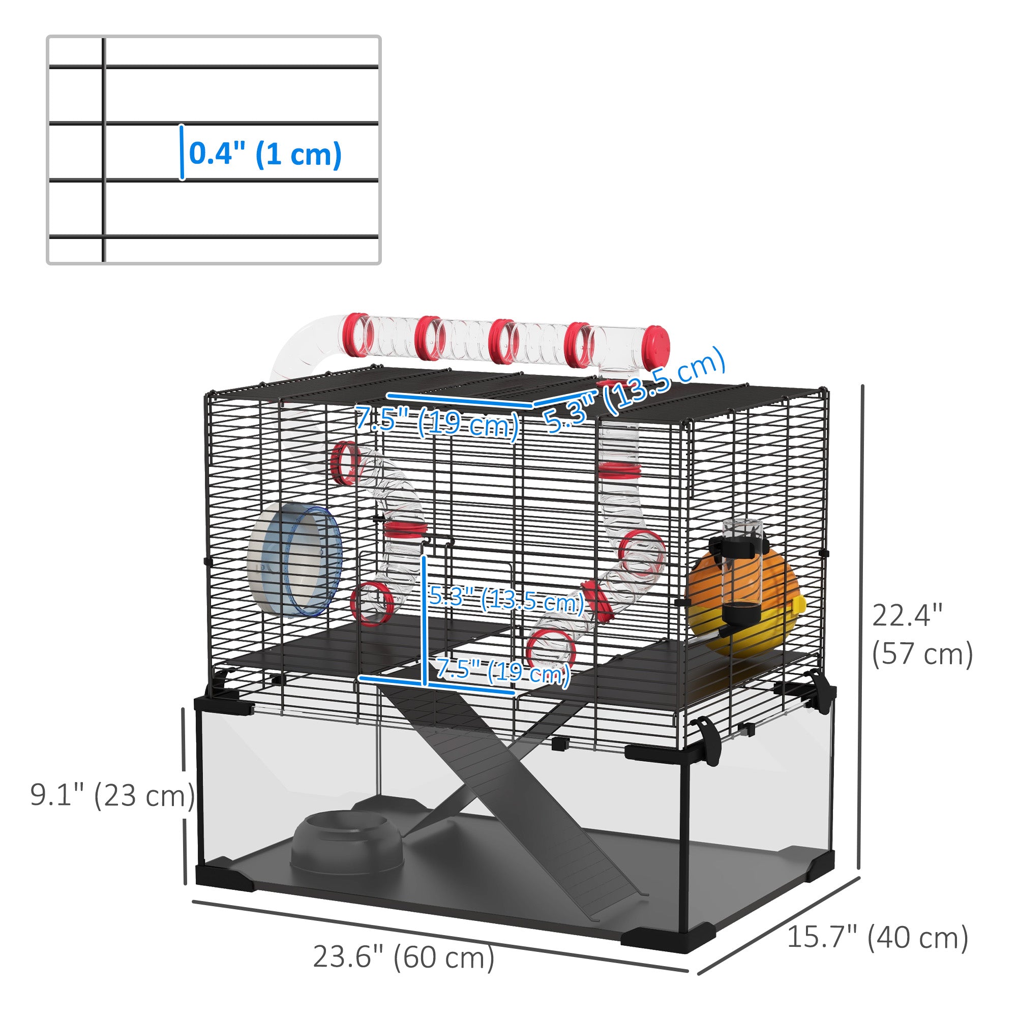 Hamster Cage with Deep Glass Bottom, Tunnel Tube System, Platforms, Hut, Exercise Wheel, Water Bottle, 24