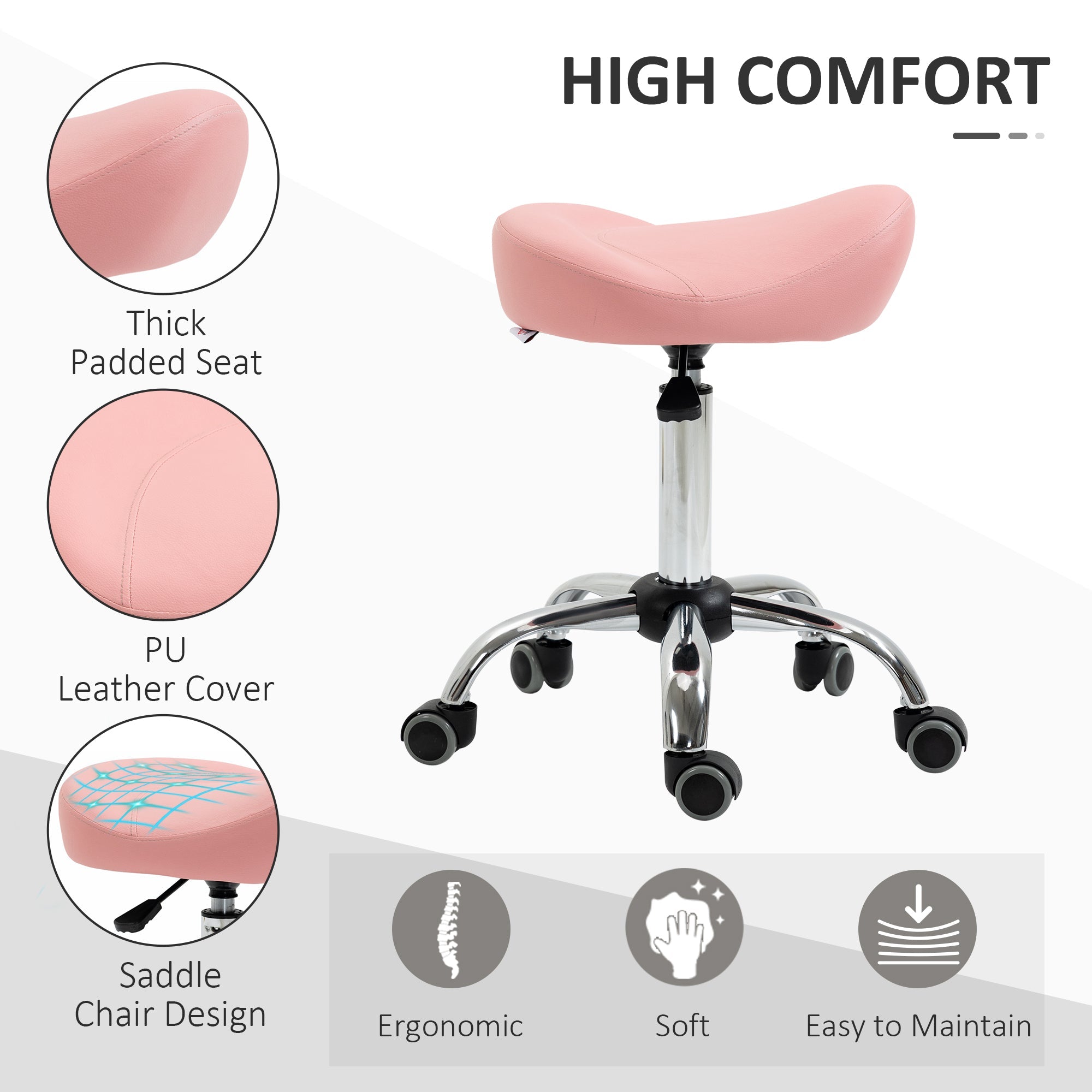 Saddle Stool, Height Adjustable Rolling Salon Chair with PU Leather for Massage, Spa, Clinic, Beauty and Tattoo, Pink Salon Stools   at Gallery Canada