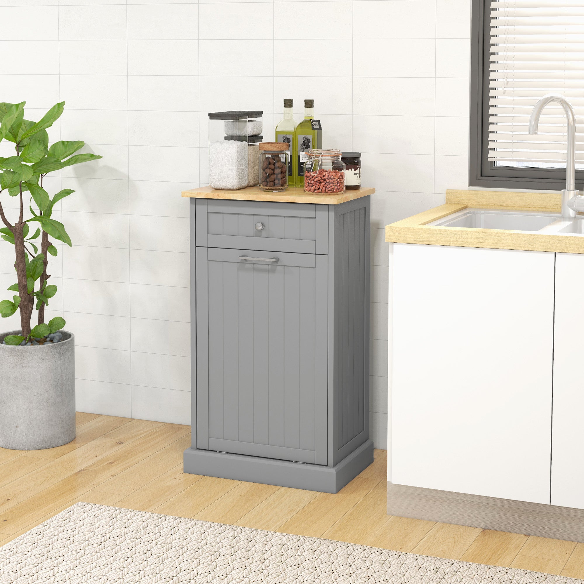 Kitchen Tilt Out Trash Bin Cabinet, Free Standing Recycling Cabinet, Trash Can Holder with Drawer, Grey Storage Cabinets at Gallery Canada