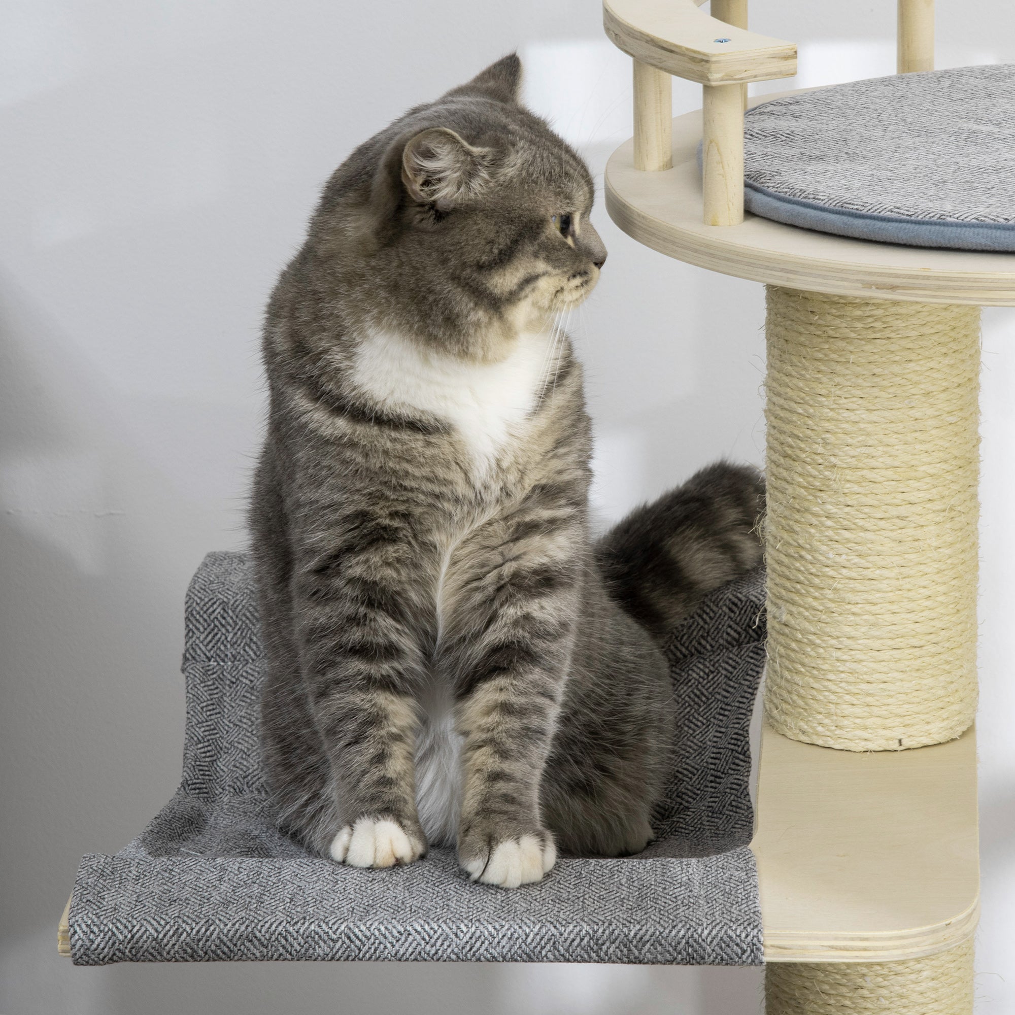 Wooden Cat Tree with Hammock, Condo, Scratching Post, Toy Ball, Washable Cushion, Natural Cat Towers   at Gallery Canada