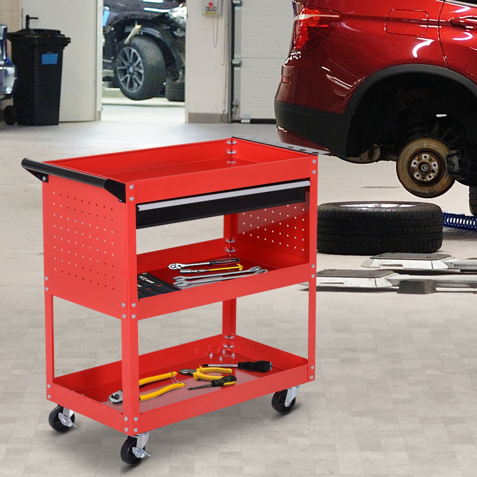 Tool Cart on Wheels, Utility Cart with Wheels, Ball Bearing Drawer, Storage Trays for Garage, Warehouse, Workshop, Red Tool Organizers Red  at Gallery Canada