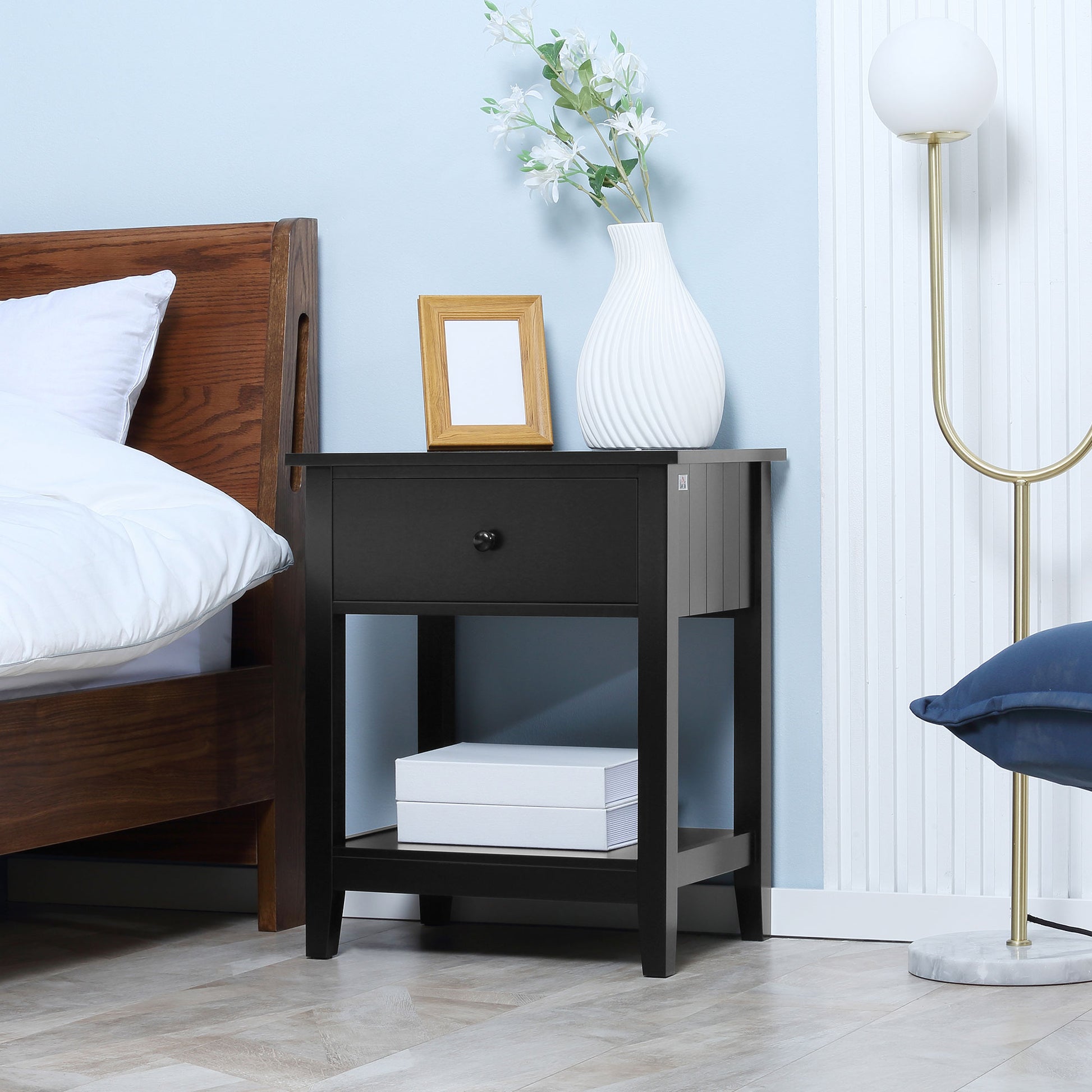 Modern Style Nightstand, Small End Table with Drawer and Storage Shelf for Bedroom, Living Room, Black Side Tables   at Gallery Canada