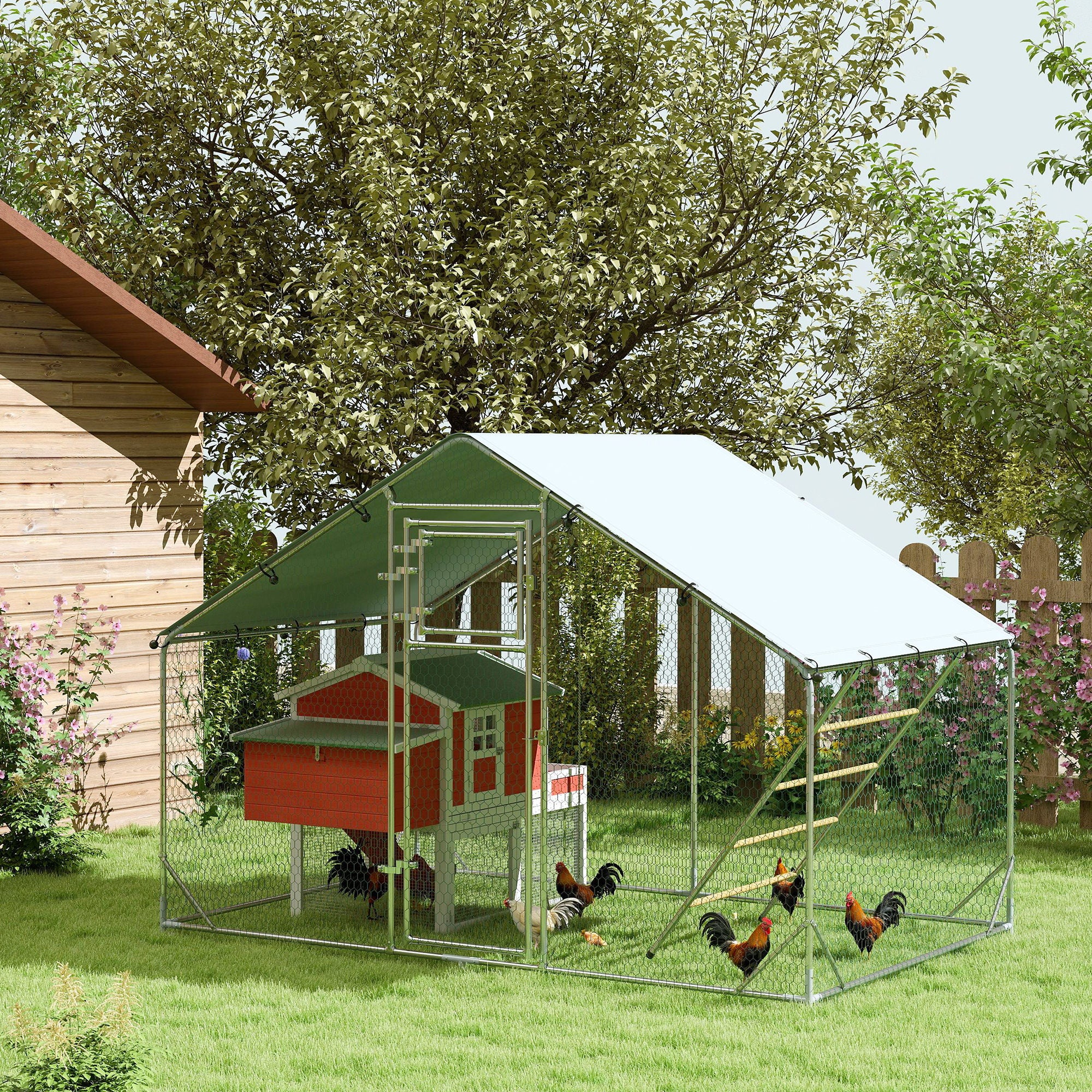 Large Metal Chicken Run with Waterproof &; UV-Resistant Cover, Feeding Door, Hanging Feeder, Perch for 6-8 Chickens Chicken Coops at Gallery Canada