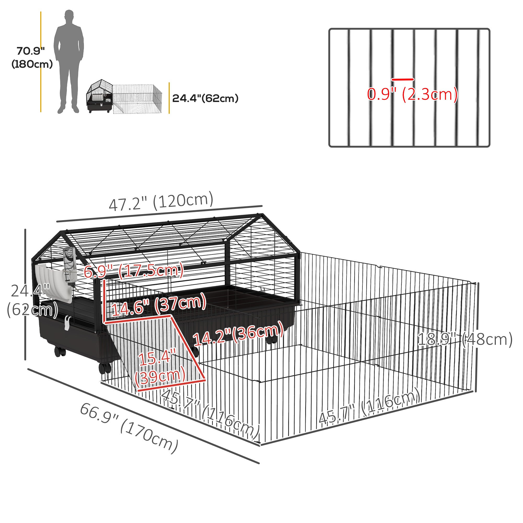 Metal Small Animal Cage, Rabbit Cage for Guinea Pig, Chinchilla, Hedgehog, Bunny with Removable Wheels and Foldable Detachable Run Fence 47.2