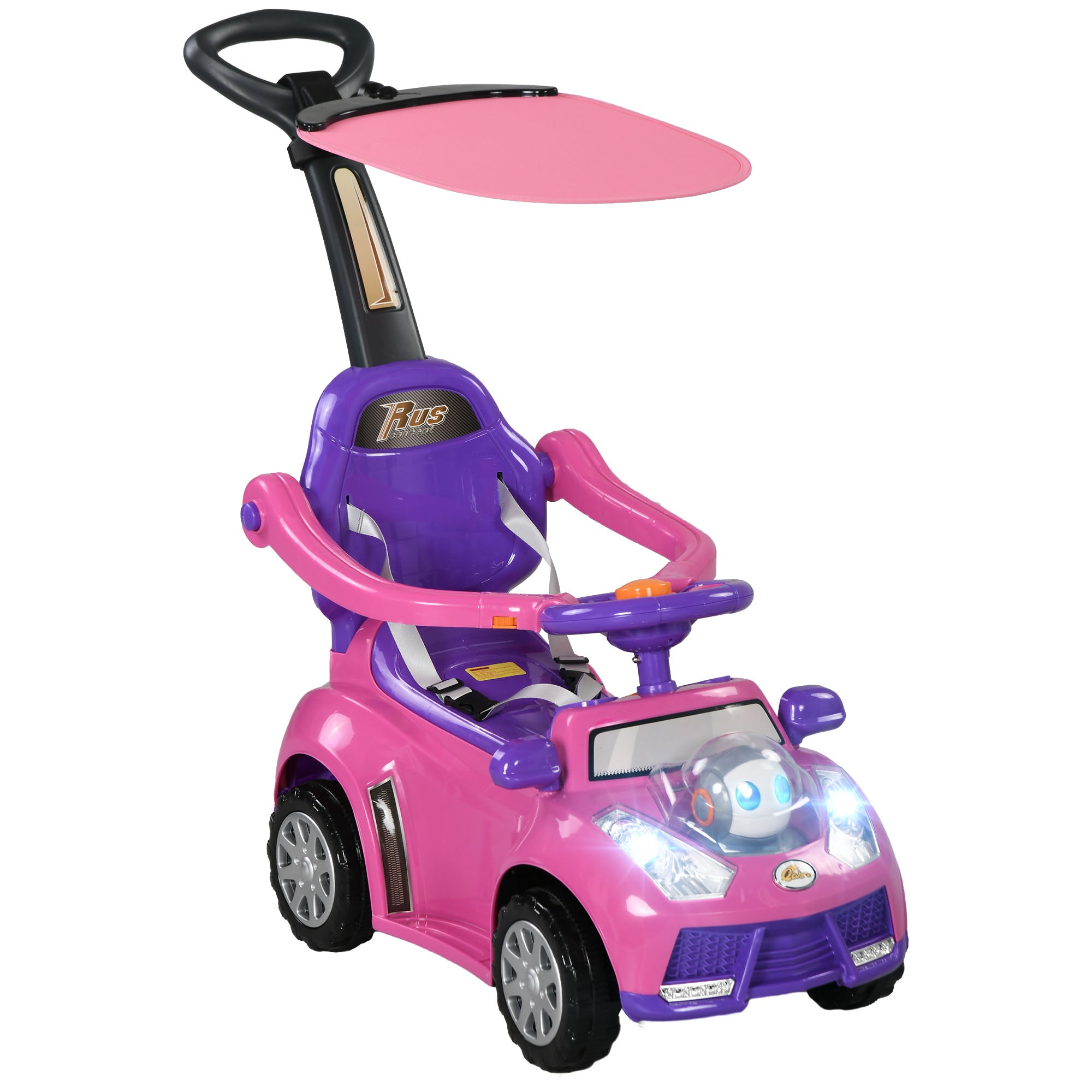 3 in 1 Kids Push Car Toddler Sliding Car, Foot to Floor Design with Music, Light, Handle, Removable Canopy, Pink Push Cars for Toddlers   at Gallery Canada