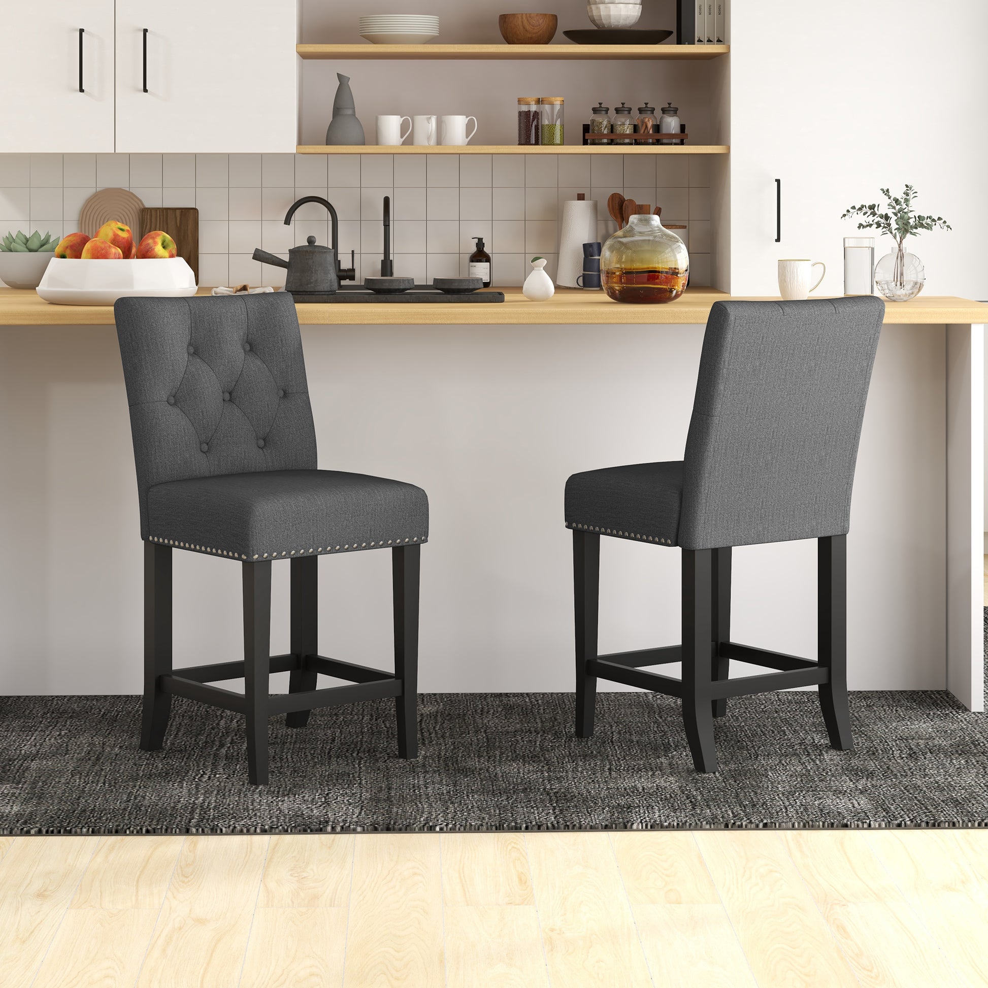 Fabric Bar Stool Set of 2, Tall 25.6" Seat Height Bar Chairs with Tufted Back &; Wood Legs, Dark Grey Bar Stools   at Gallery Canada