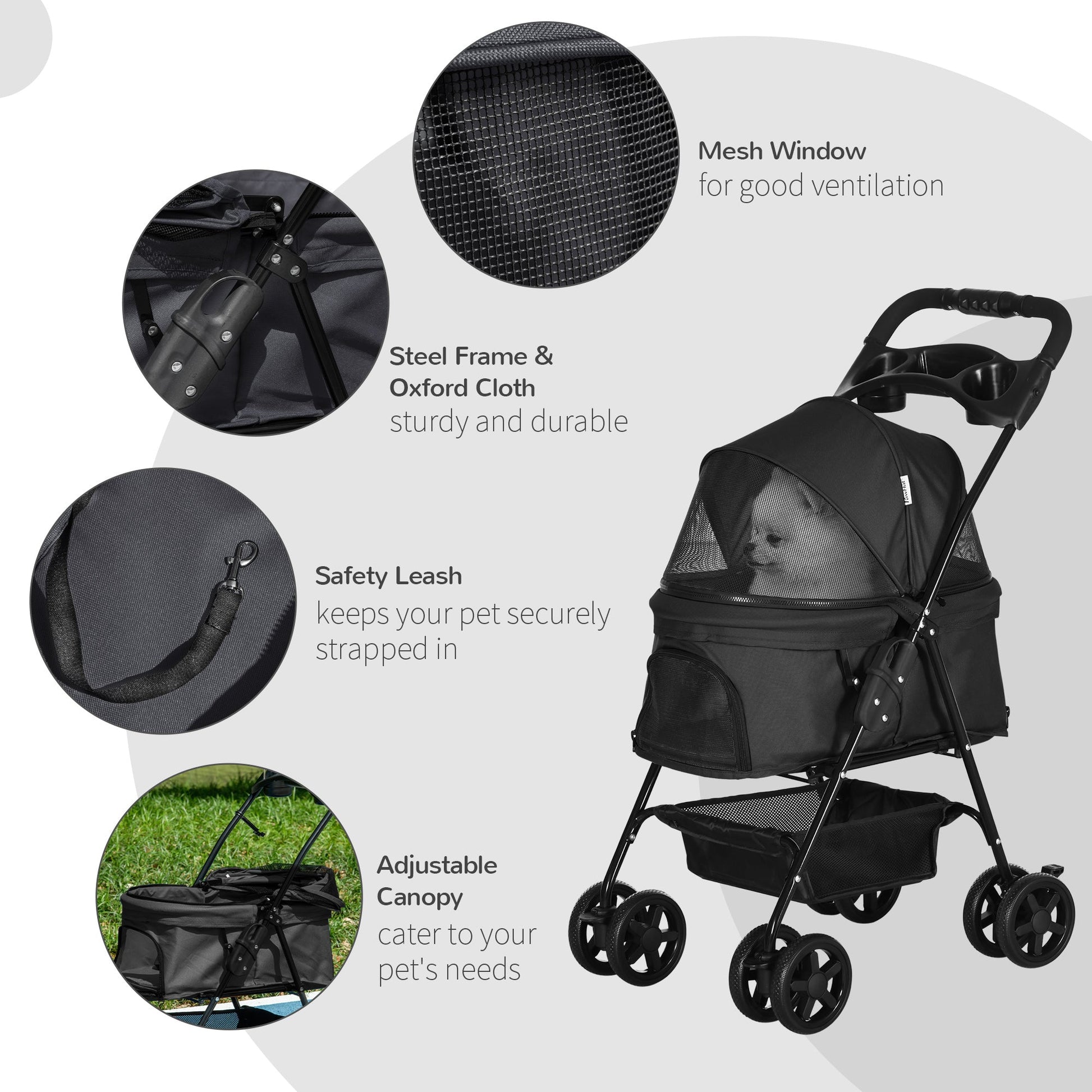 Dog Stroller Foldable Design with Storage Basket, Adjustable Canopy, Cup Holder, Safety Leashes, for Mini Dogs, Black Dog Bike Trailers & Strollers   at Gallery Canada