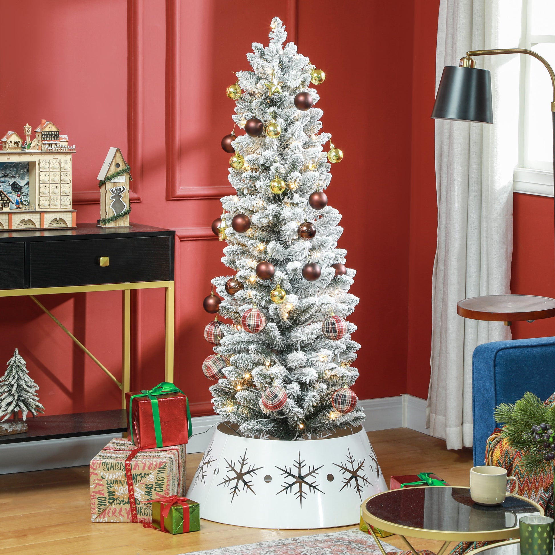 5ft Artificial Prelit Christmas Tree with Warm White LED Light, Snow Flocked Branches, Metal Base, Pencil Xmas Tree Pre Lit Christmas Trees Green  at Gallery Canada