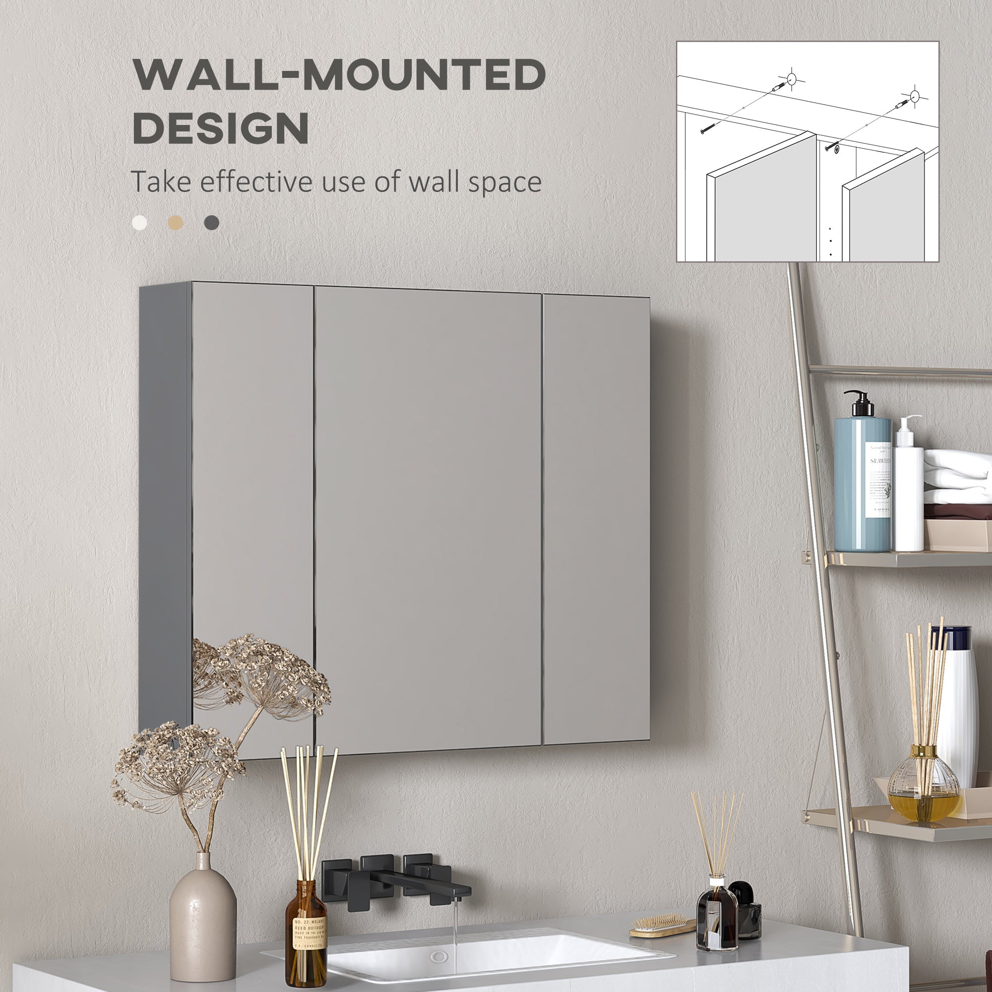 Wall Mounted Mirror Cabinet, Bathroom Medicine Cabinet with Mirror, 3 Doors and Adjustable Shelves, Gray Mirror Medicine Cabinets   at Gallery Canada