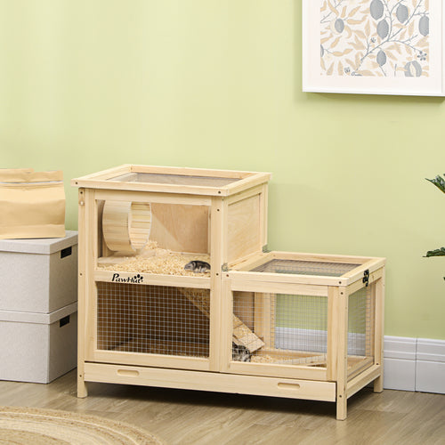 Wooden Hamster Cage, Mice Rodent Small Animals Kit Hutch, 2 Tiers Exercise Play House, with Sliding Tray, Ladder, Seesaw, Running Wheel, Openable Roofs, 31