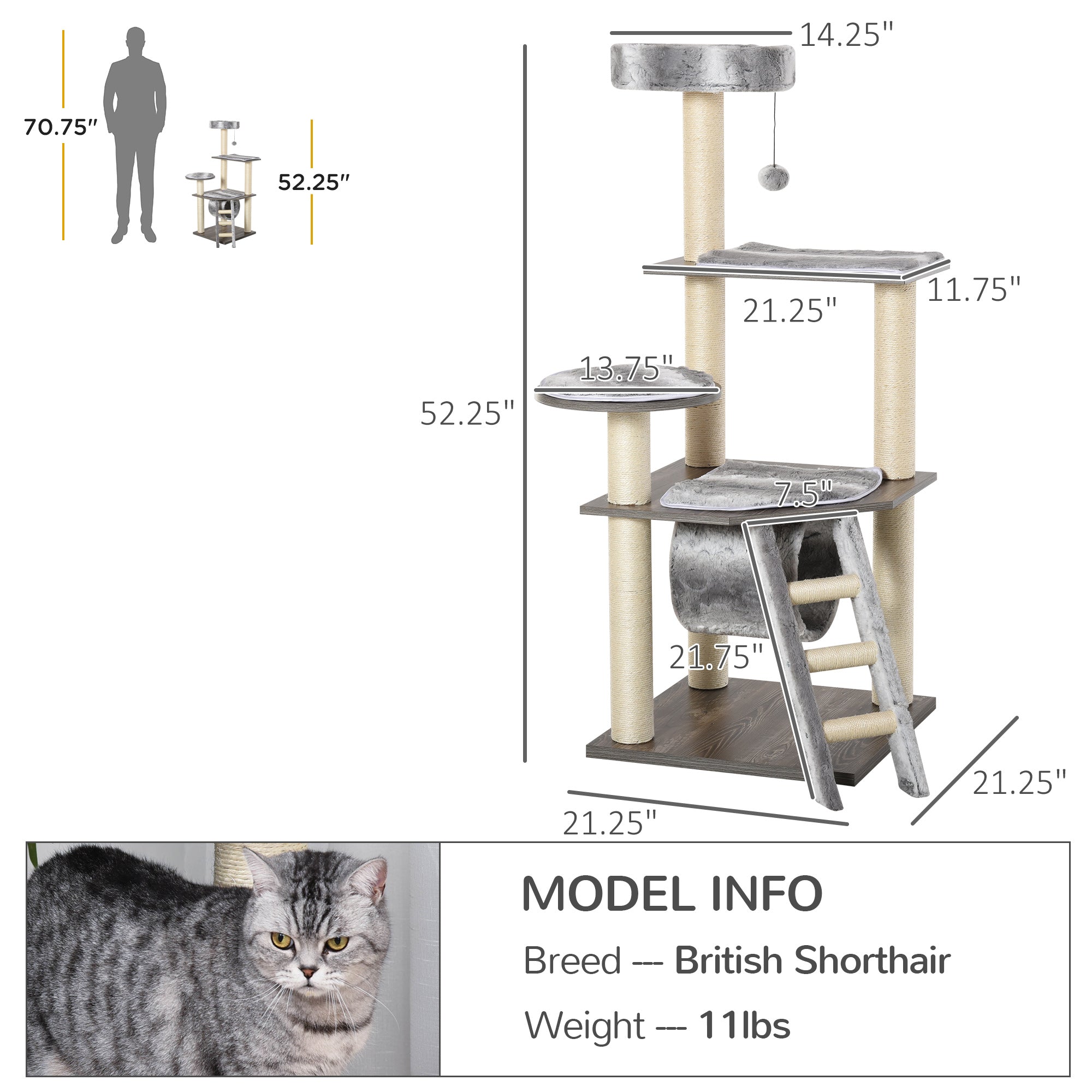 Cat tree Tower Climbing Kitten Activity Center Furniture with Sisal Scratching Post Tunnel Ladder Perch Hanging Balls 21.25