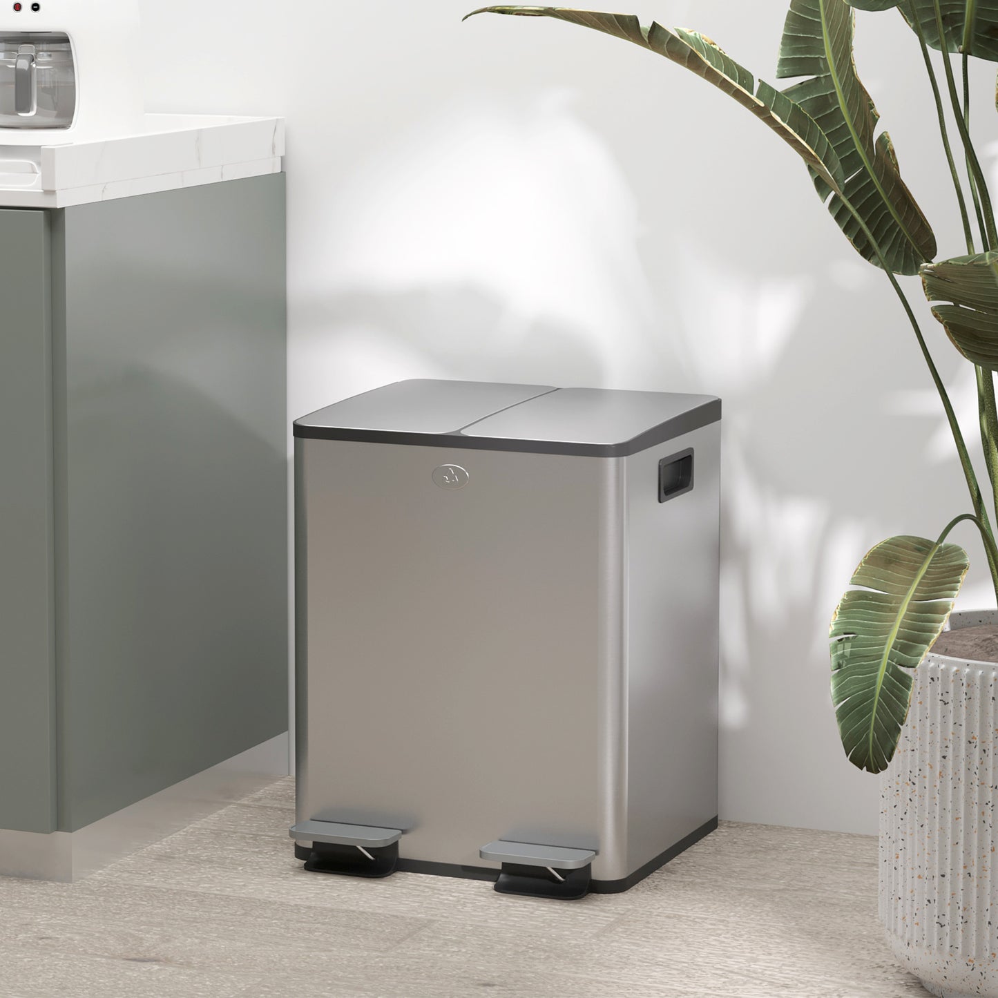 Dual Garbage Bin, Soft-Close Trash Can with Foot Pedal, 2 x 20 Liter Garbage Can with Removable Inner Buckets, Silver Household Supplies Silver at Gallery Canada